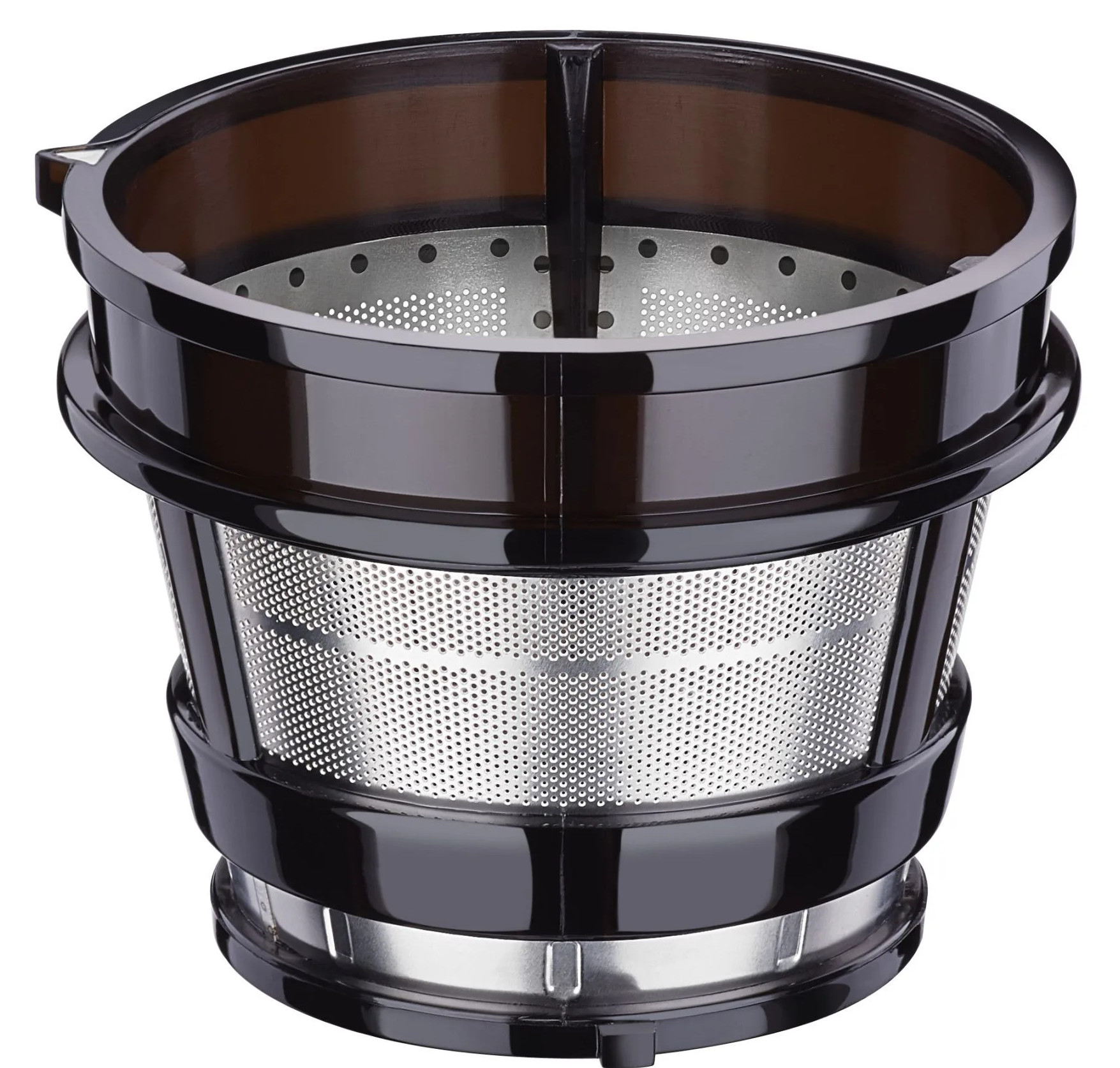 Część wyciskarki, z brązową obudową i filtrem ze stali nierdzewnej.