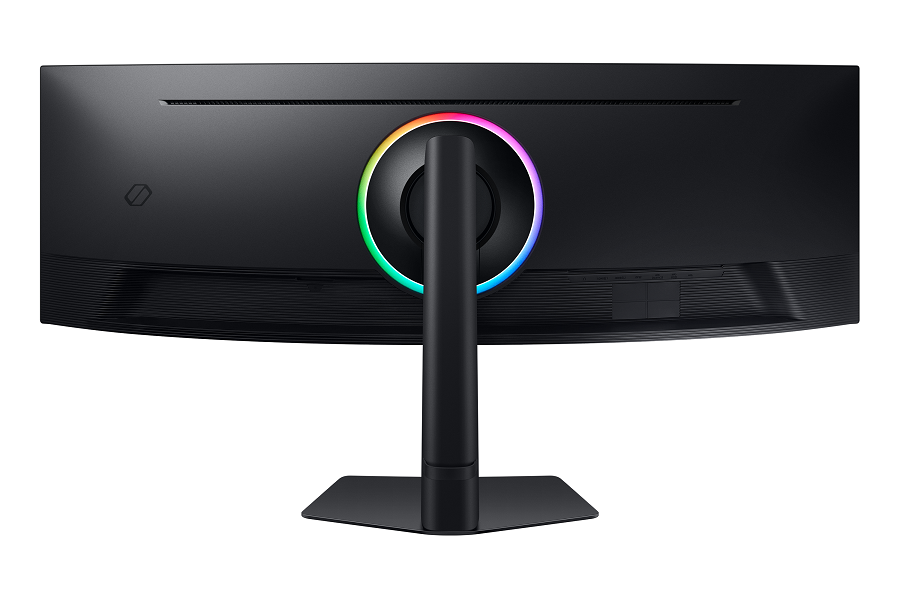 Siyah bir monitörün arkası, dairesel RGB ışık ve çeşitli giriş portları.