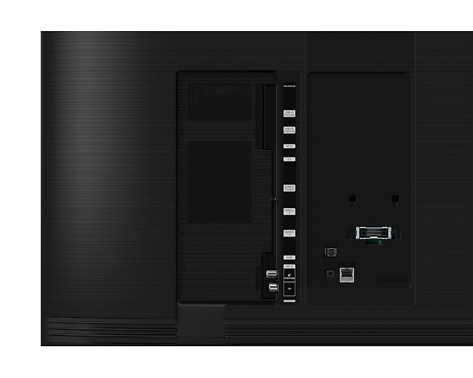Rückseite eines schwarzen Fernsehers mit sichtbaren Anschlüssen und Verbindungen, vor weißem Hintergrund.