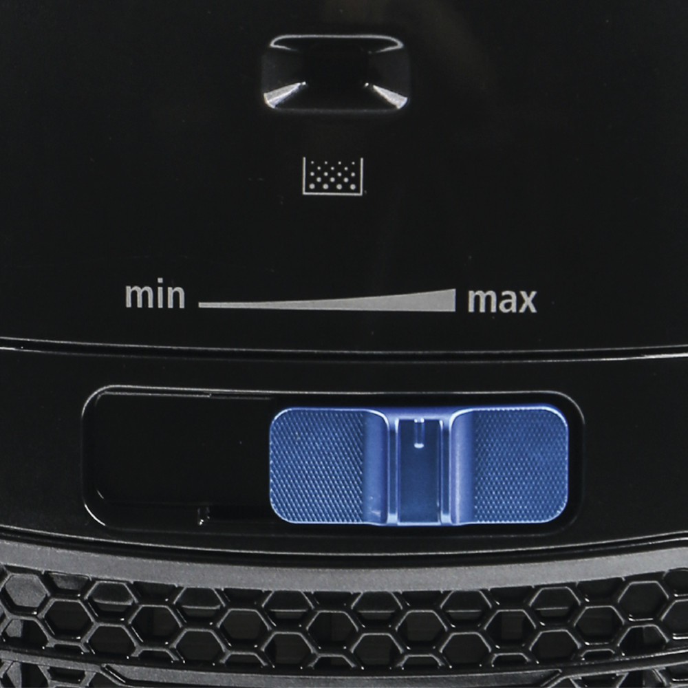 A black appliance control panel, with text 'min' and 'max', and a blue button.