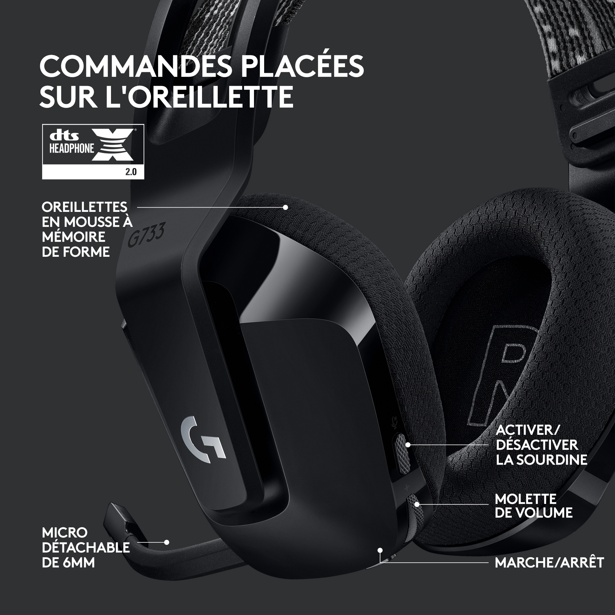 Casque de jeu noir, coussinets en mousse à mémoire de forme, micro détachable.
