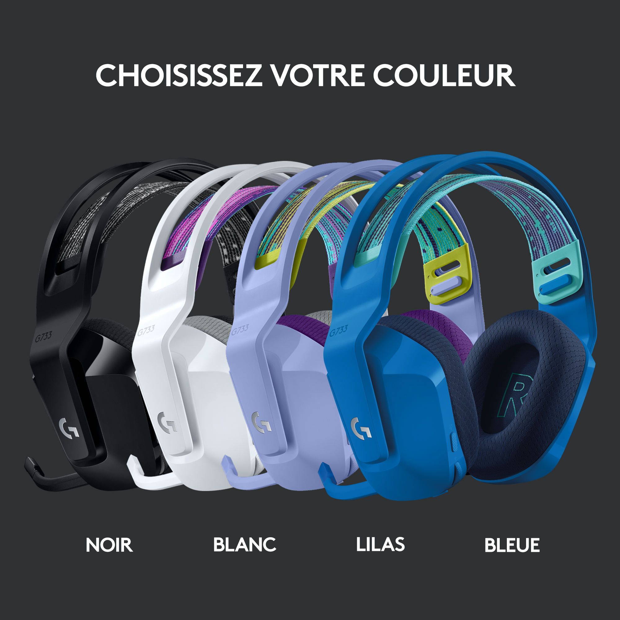 Casque audio de différentes couleurs, dont noir, blanc, lilas et bleu, sur fond sombre.