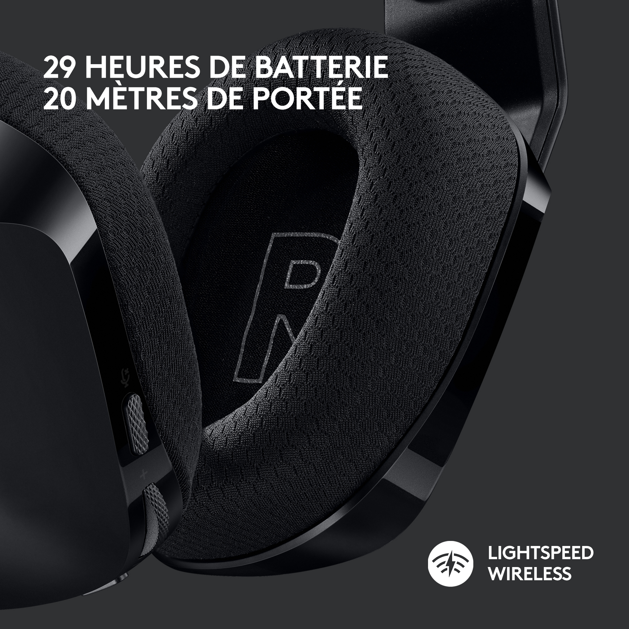 Casque noir avec coussin noir et 'R' blanche. Texte : 29 heures de batterie et 20 mètres de portée.