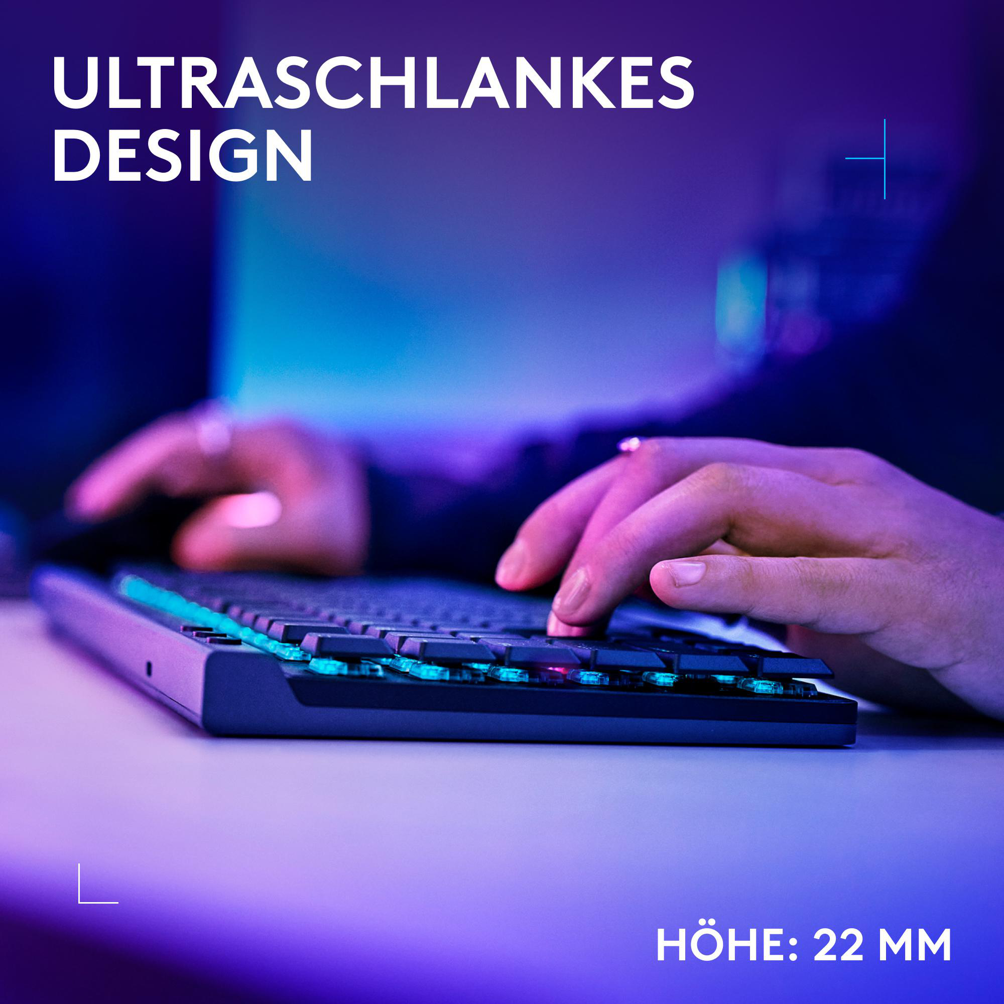 Hände, die auf einer beleuchteten Tastatur tippen. Text sagt 'Ultraschlankes Design'.