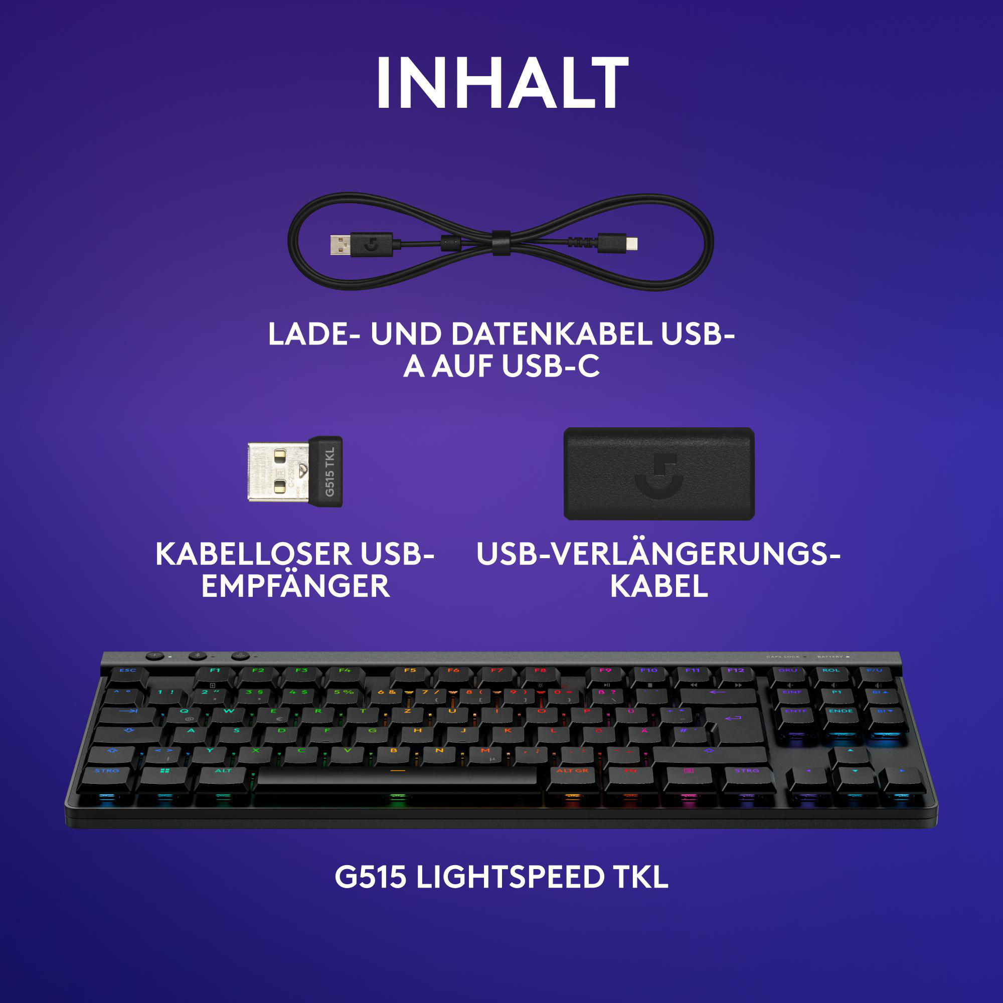 Tastaturinhalt: Tastatur, USB-Kabel, kabelloser Empfänger und USB-Verlängerungskabel.