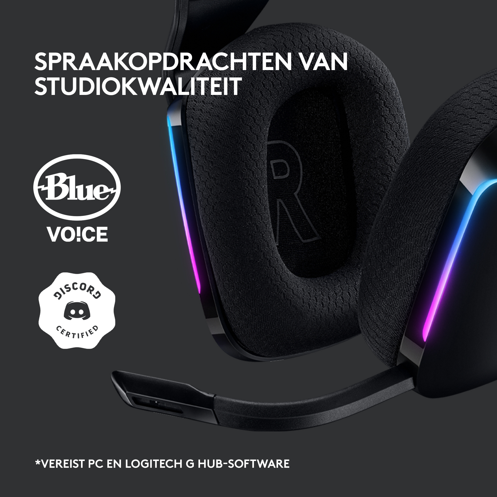 Black gaming headset. Logos include Blue VO!CE and Discord Certified. Text says studio quality.