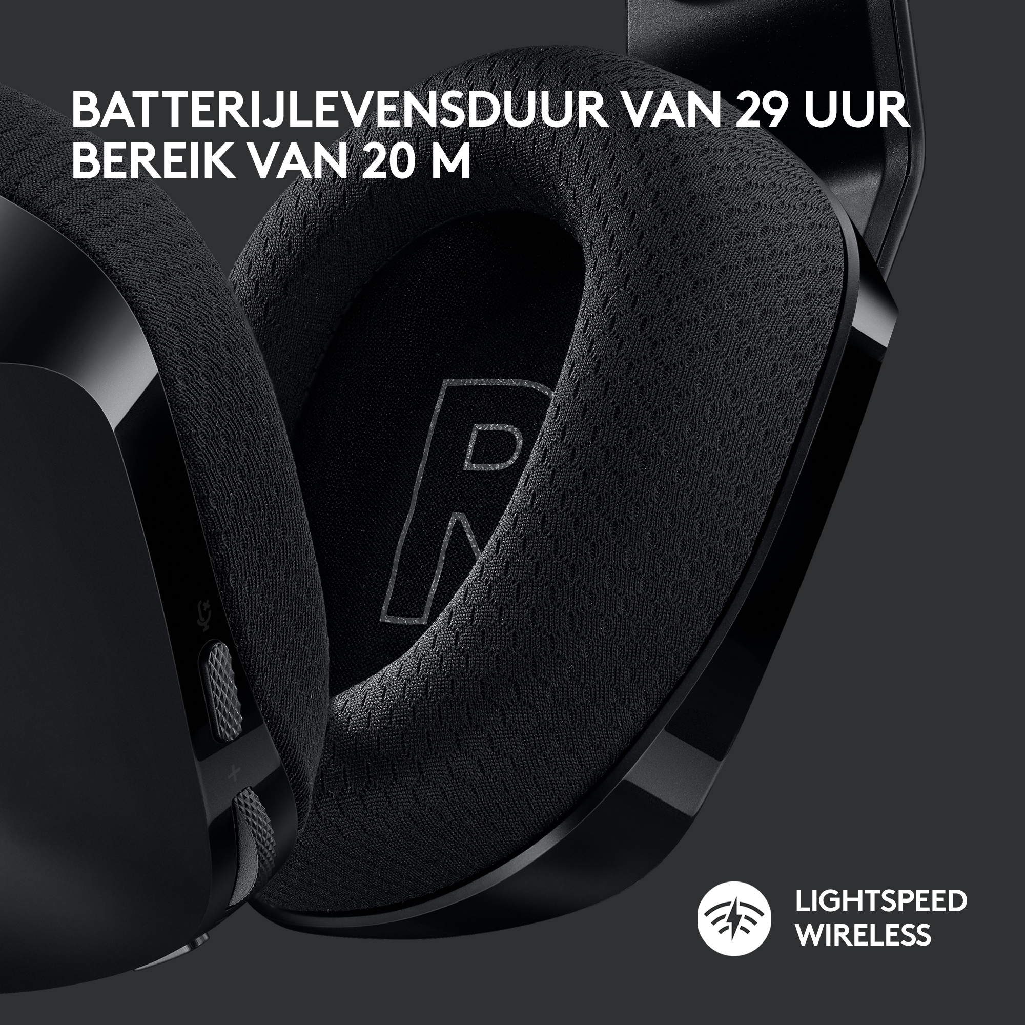 Close-up of a black headset.  Text: '29-hour battery life, 20m range' and Lightspeed Wireless.