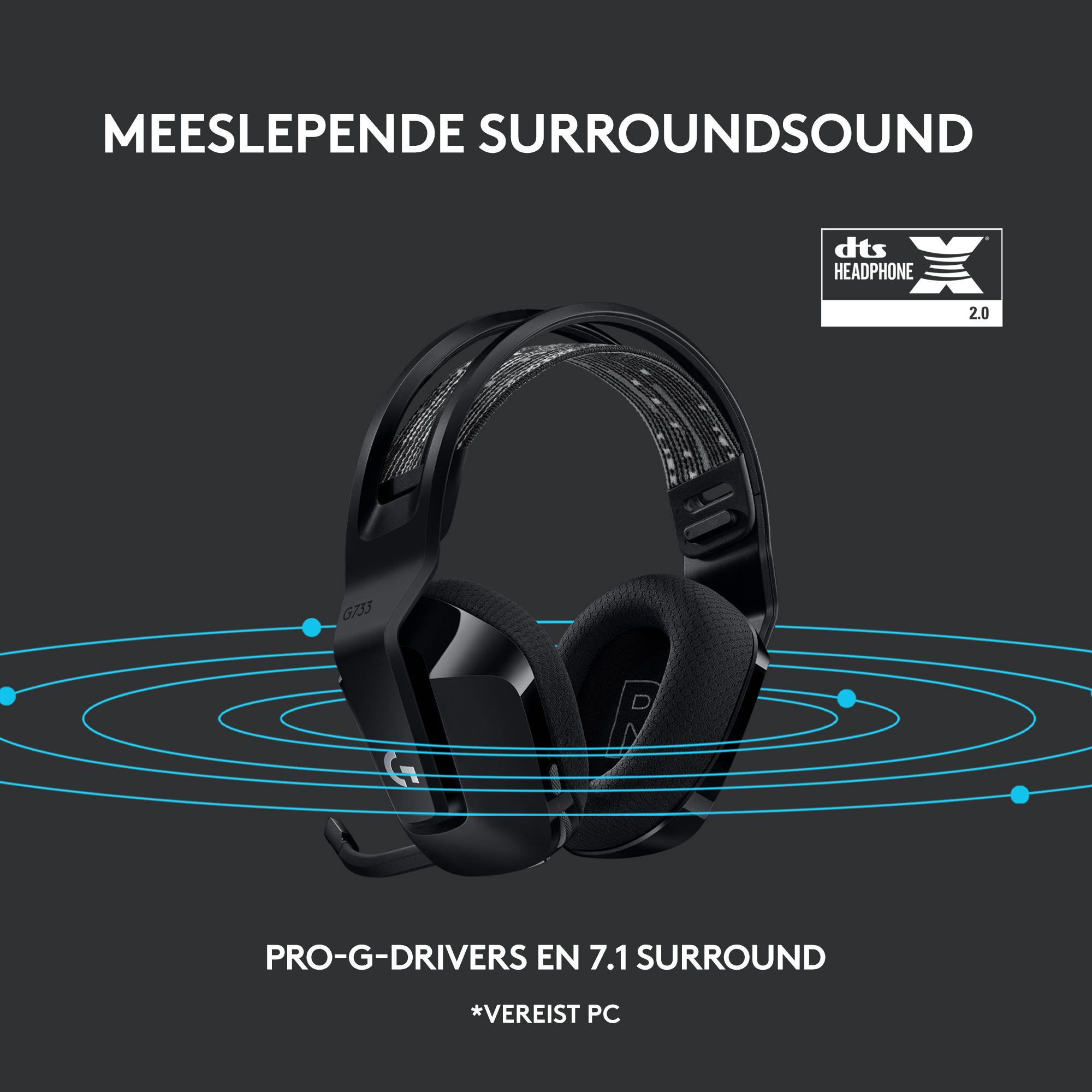 Black gaming headset with blue surround sound lines. Text: Pro-G drivers and 7.1 surround, DTS HEADPHONE X 2.0.