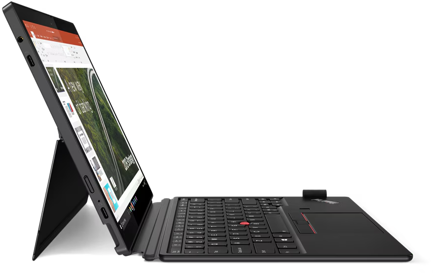 Ein schwarzer Laptop mit Tastatur und Bildschirm, der ein Dokument anzeigt, vor schwarzem Hintergrund.