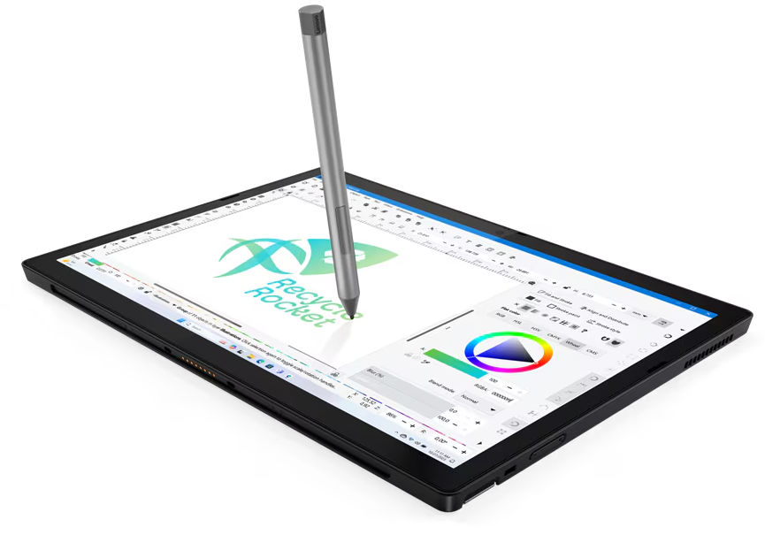 Tablet mit Stift, Bildschirm zeigt Design-Oberfläche. Der Stift schwebt über dem Bildschirm.