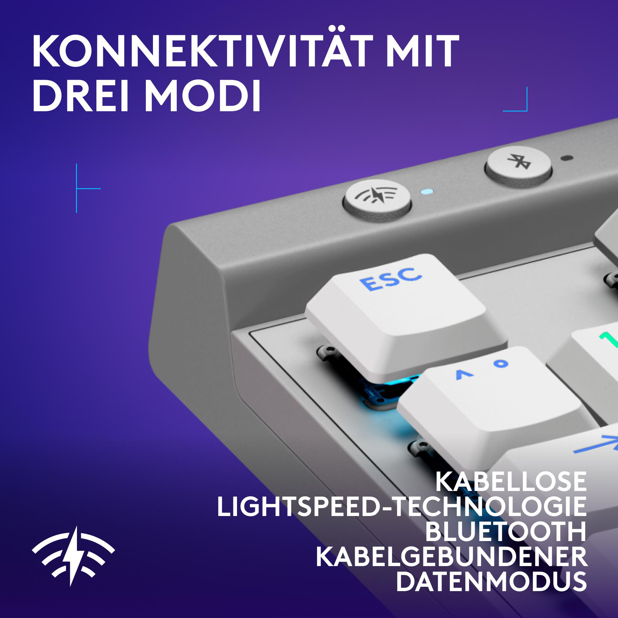 Tastatur mit mehreren Verbindungsmodi. Graue Tastatur mit beleuchteten Tasten. Weißes und blaues Licht.