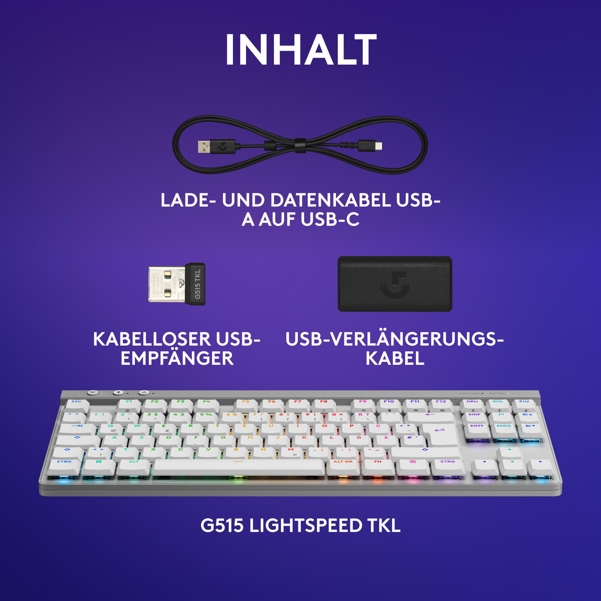 Tastatur mit Zubehör: USB-Kabel, Funkempfänger und USB-Verlängerungskabel, alles auf Lila.