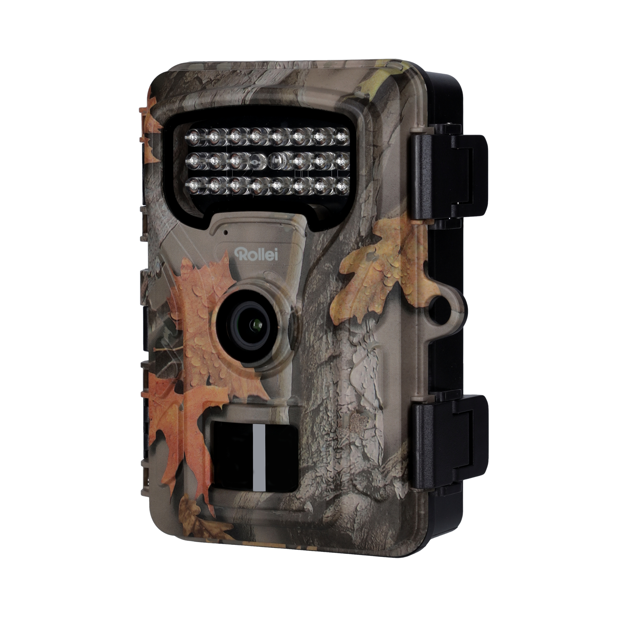 Tarn-Wildkamera mit Objektiv, LEDs und Display, bereit für den Einsatz im Freien.