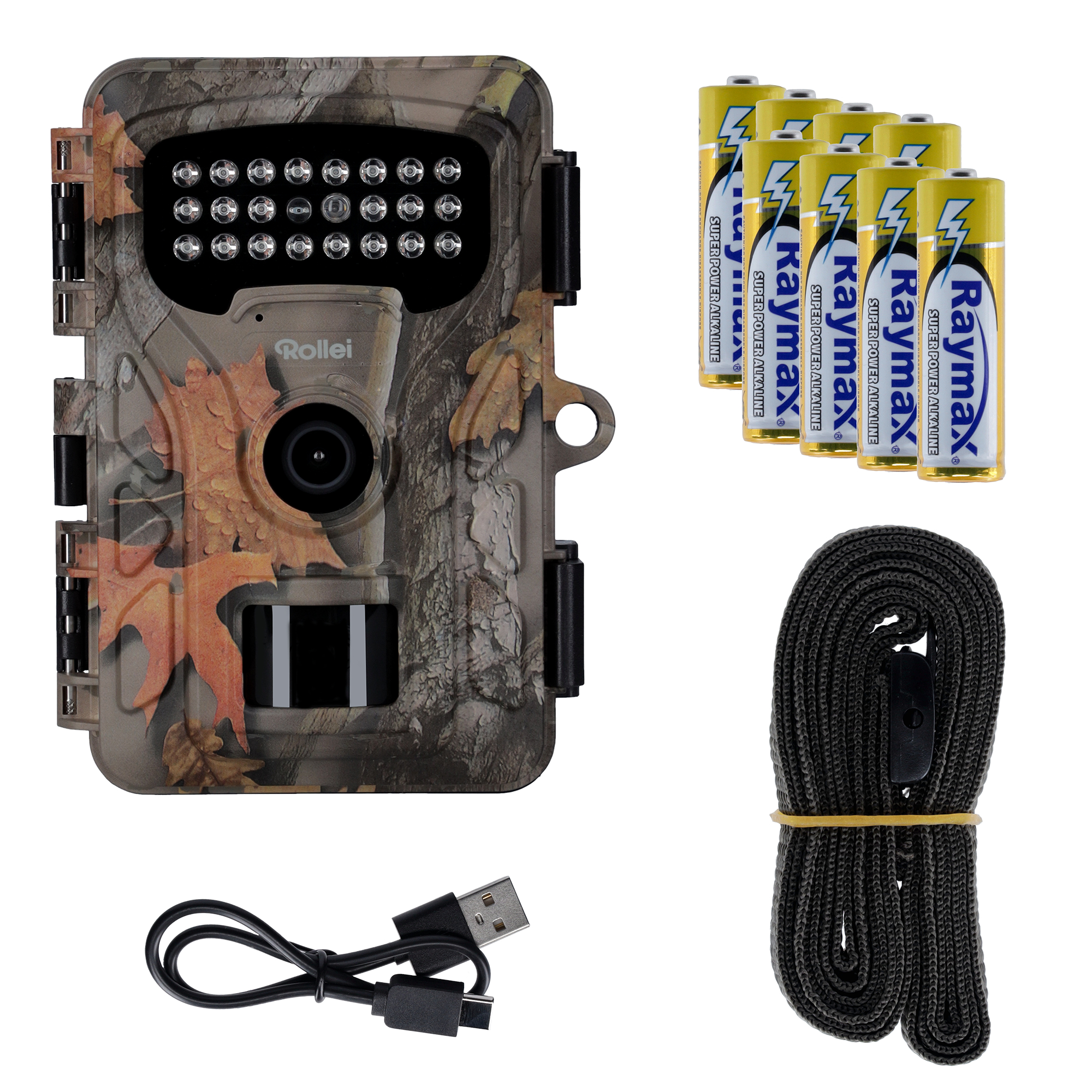 Tarn-Wildkamera mit Batterien, Gurt und Kabel.