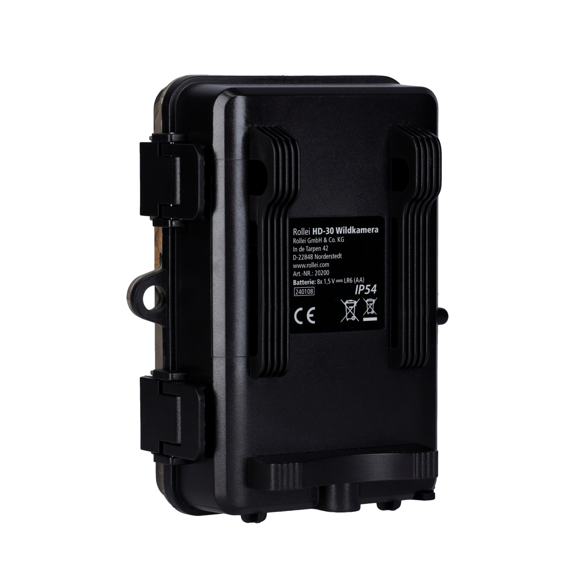 Eine schwarze Rollei HD-30 Wildkamera mit Gurten und verschiedenen Etiketten.