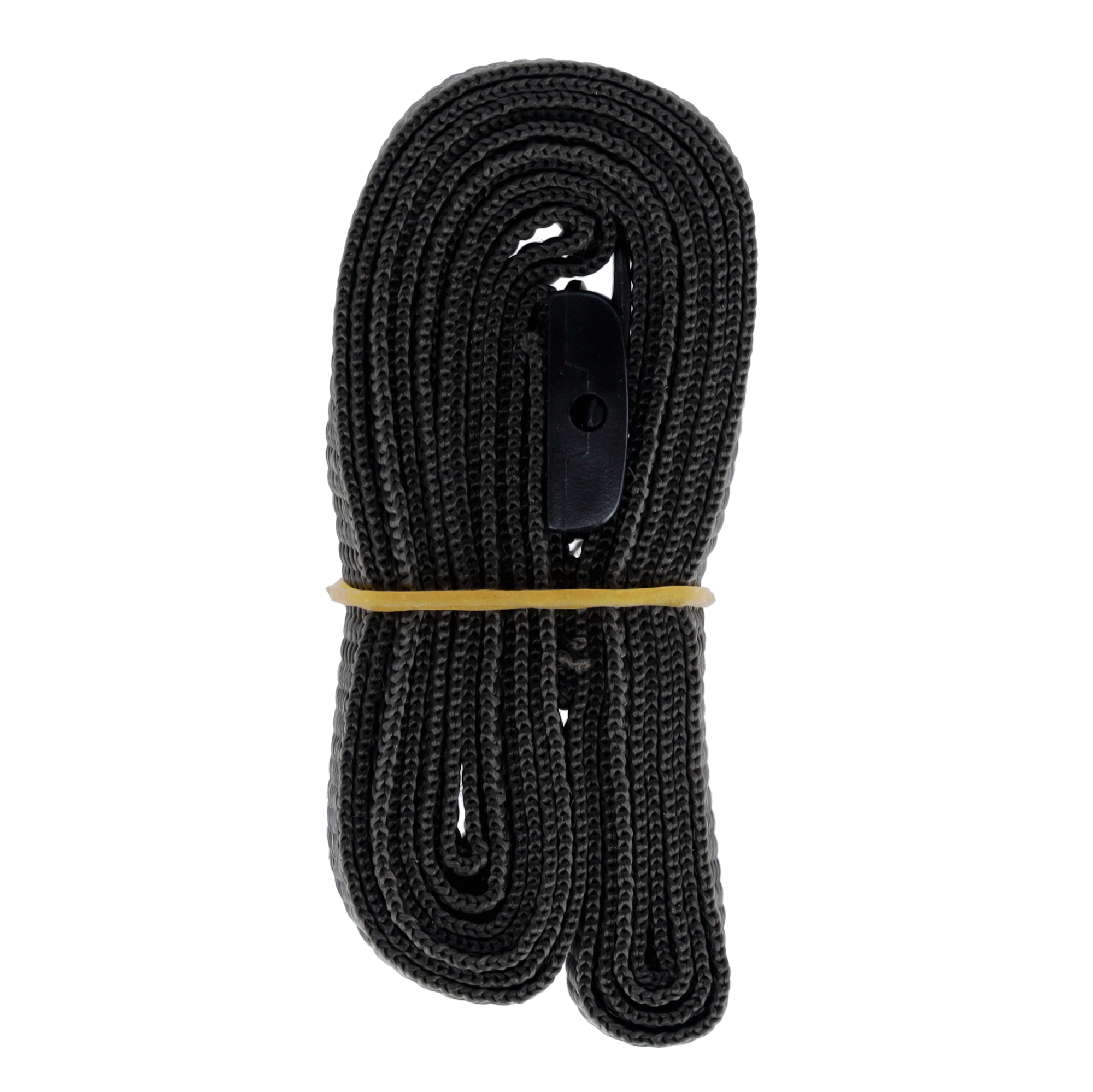 Schwarzes Seil, aufgerollt und mit einem gelben Gummiband gesichert.