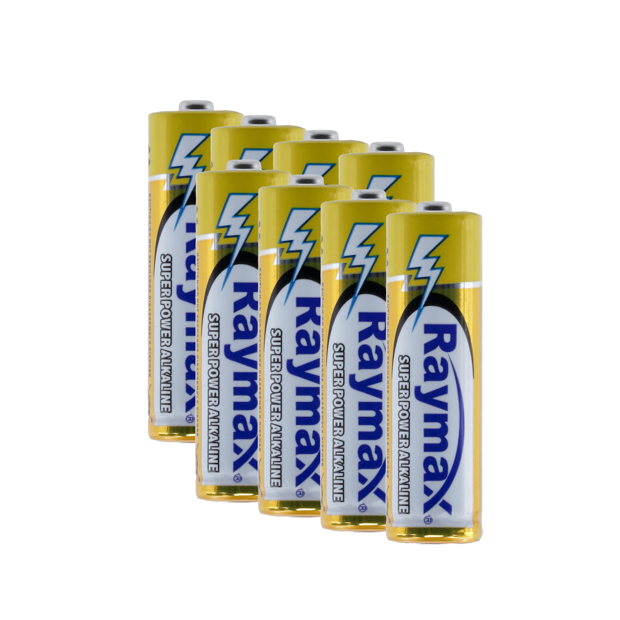 Neun gelbe AA-Batterien. Jede hat ein schwarzes Raymax-Etikett und ein Blitzsymbol.
