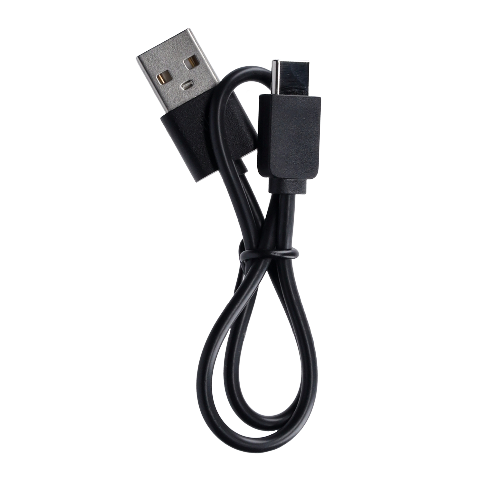 Schwarzes USB-zu-USB-C-Kabel, aufgerollt, vor weißem Hintergrund. Die Anschlüsse sind sichtbar.