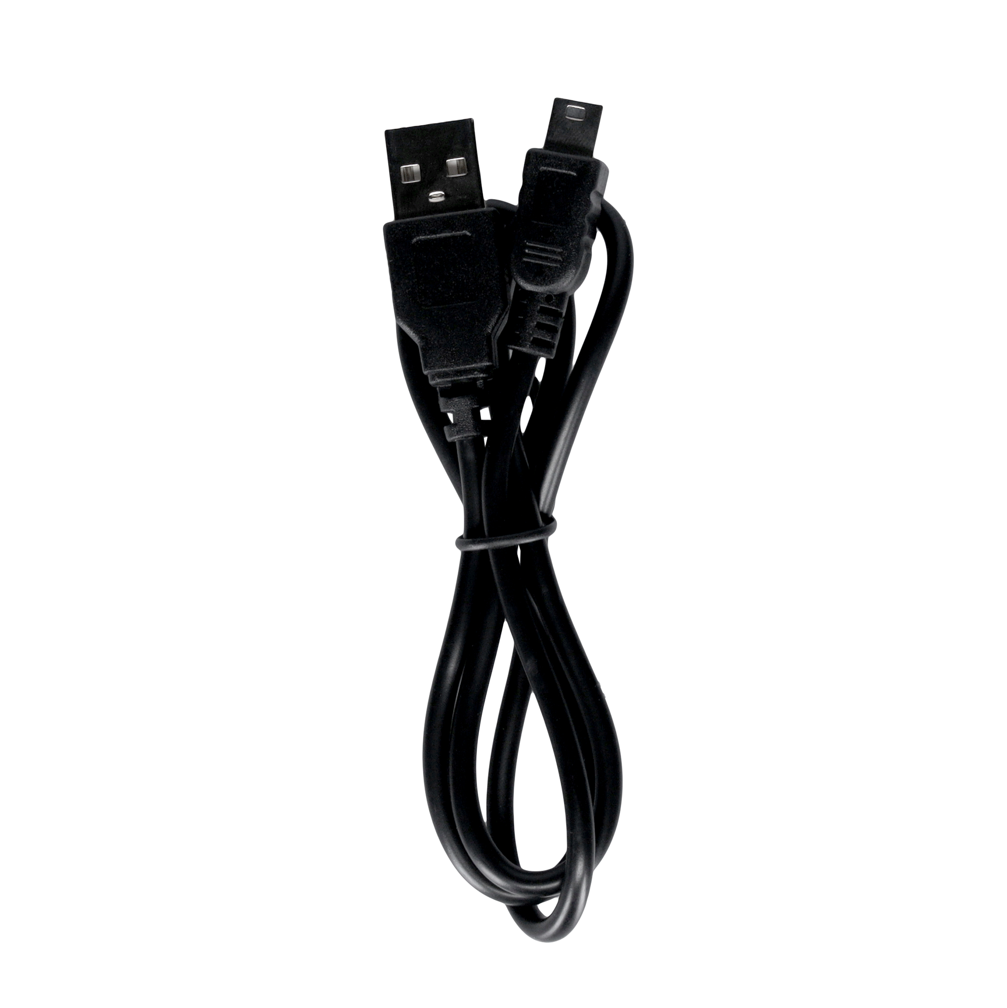 Schwarzes USB-Kabel, Stecker sichtbar, weißer Hintergrund.