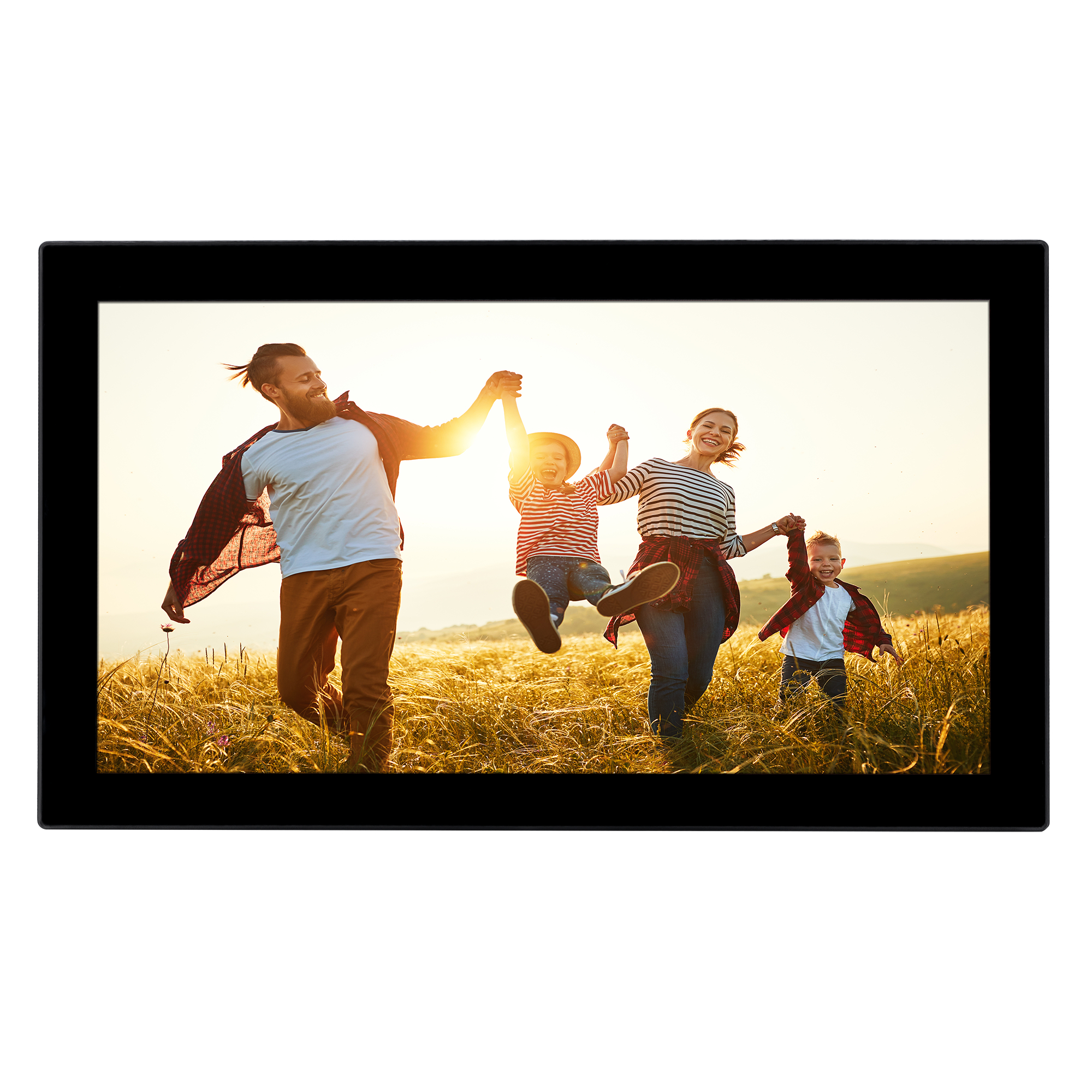 Digitaler Fotorahmen mit Familienfoto. Eltern halten Kinderhände beim Rennen. Goldene Feldkulisse.