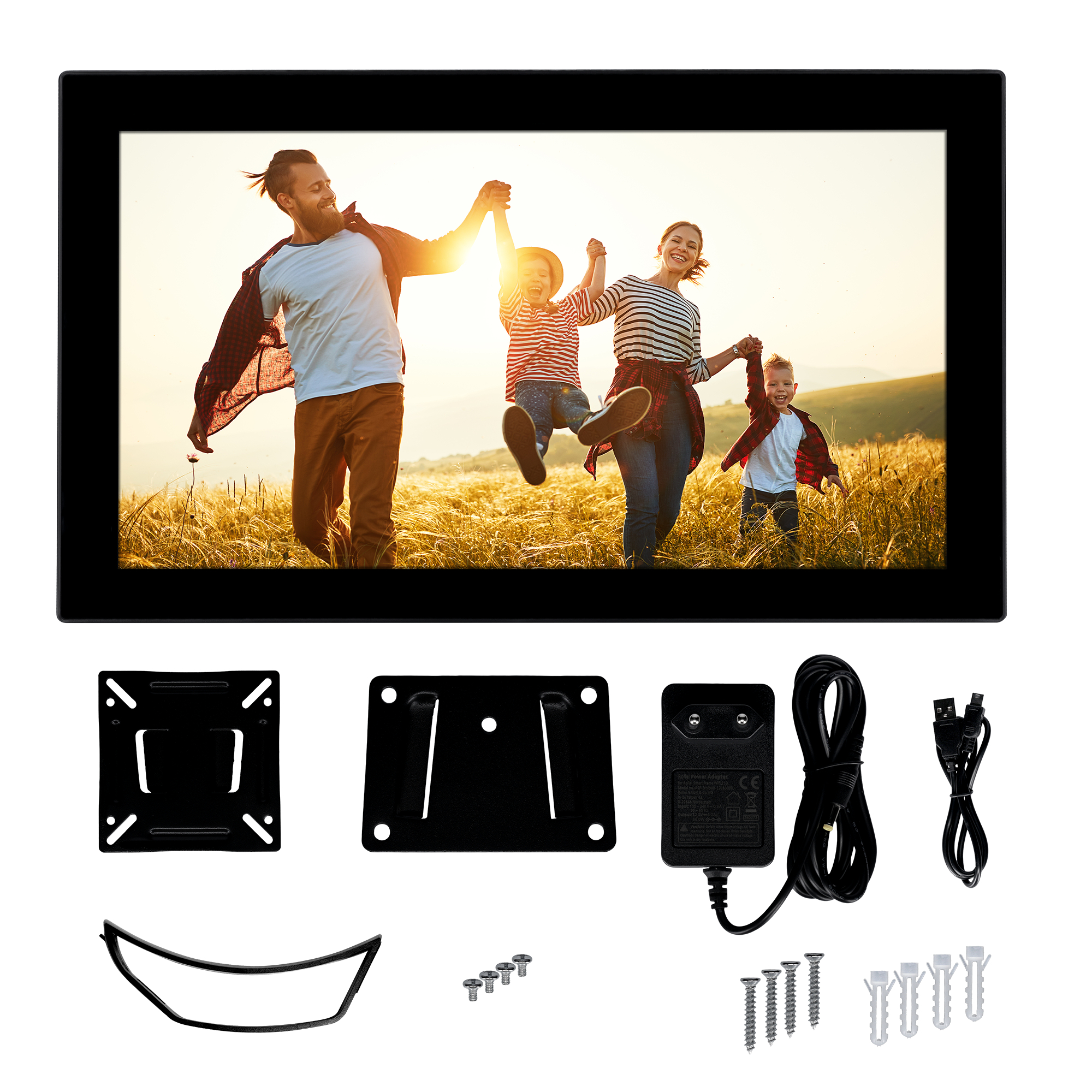 Digitaler Bilderrahmen, Familienfoto angezeigt. Zubehör umfasst Montagezubehör und Netzteil.