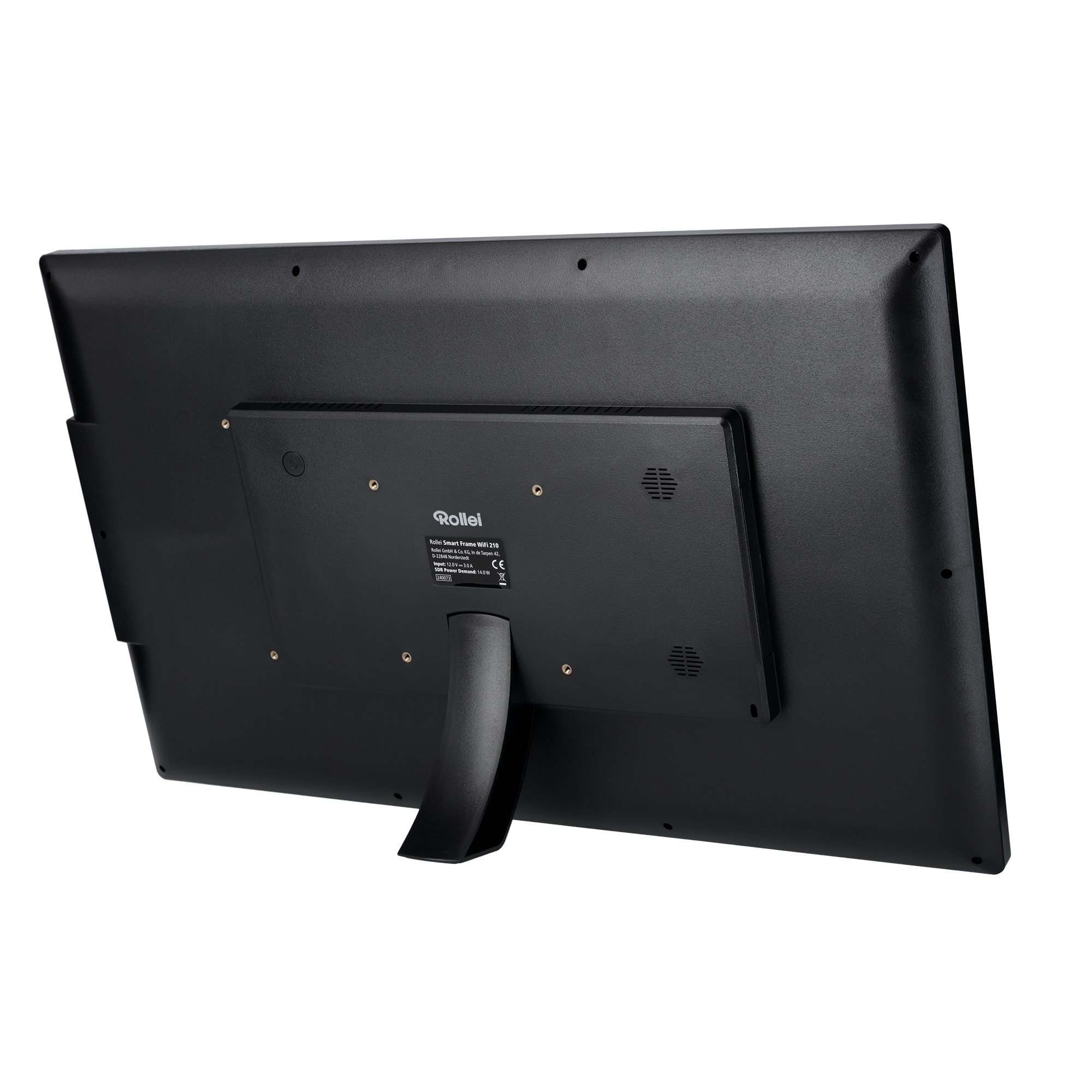 Schwarze Monitorrückseite mit befestigtem Ständer.