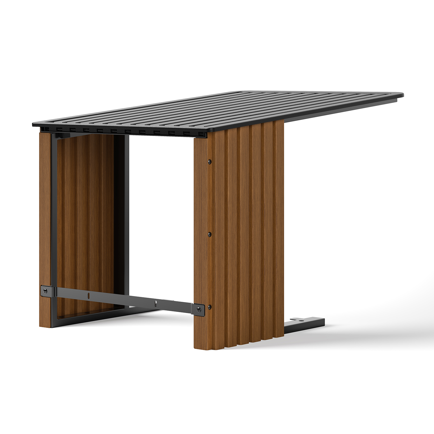 Una moderna panca in legno e metallo nero, con un design unico.