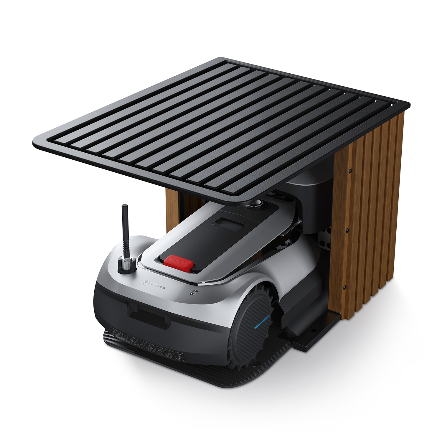Tosaerba robot in un rifugio in legno e nero. Sfondo bianco.