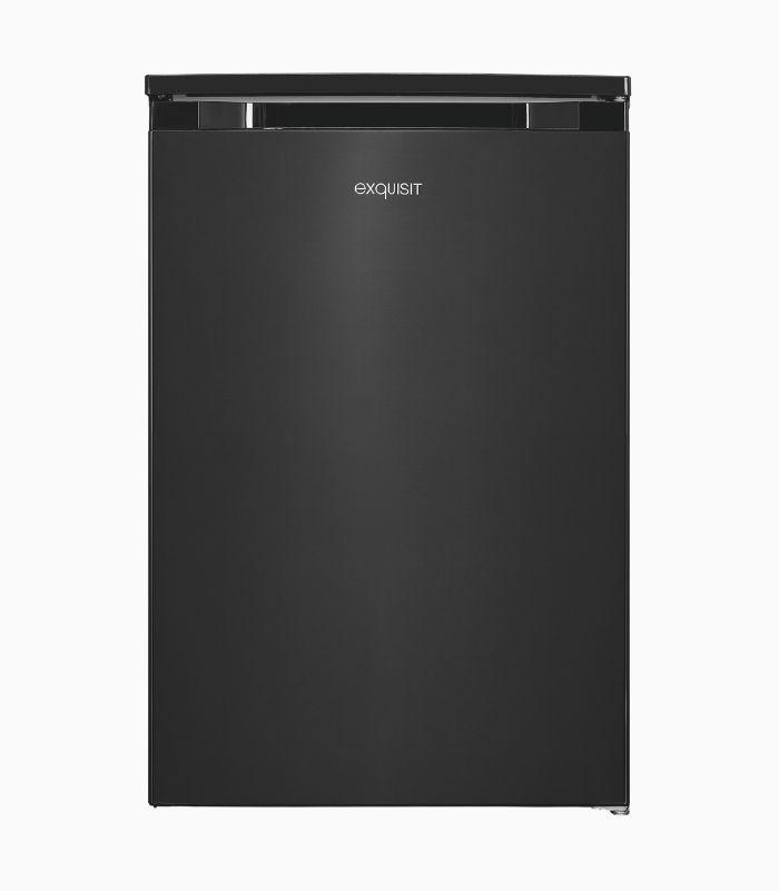 Schwarzer Exquisit-Kühlschrank. Vorderansicht. Weißer Hintergrund.
