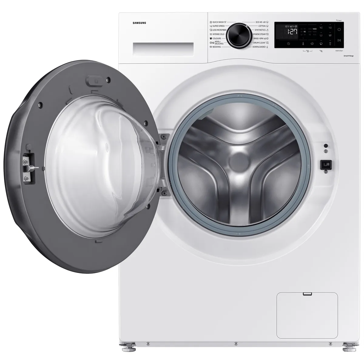 Eine weiße Samsung Waschmaschine mit geöffneter Tür, die den Trommelinnenraum zeigt.