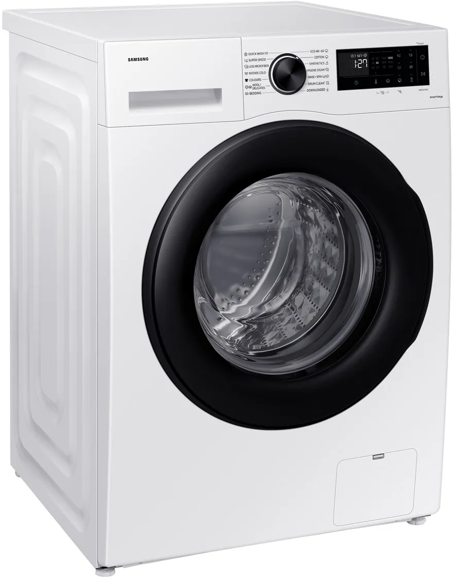 Weiße Waschmaschine mit schwarzer Tür. Bedienfeld oben. Klares Design.