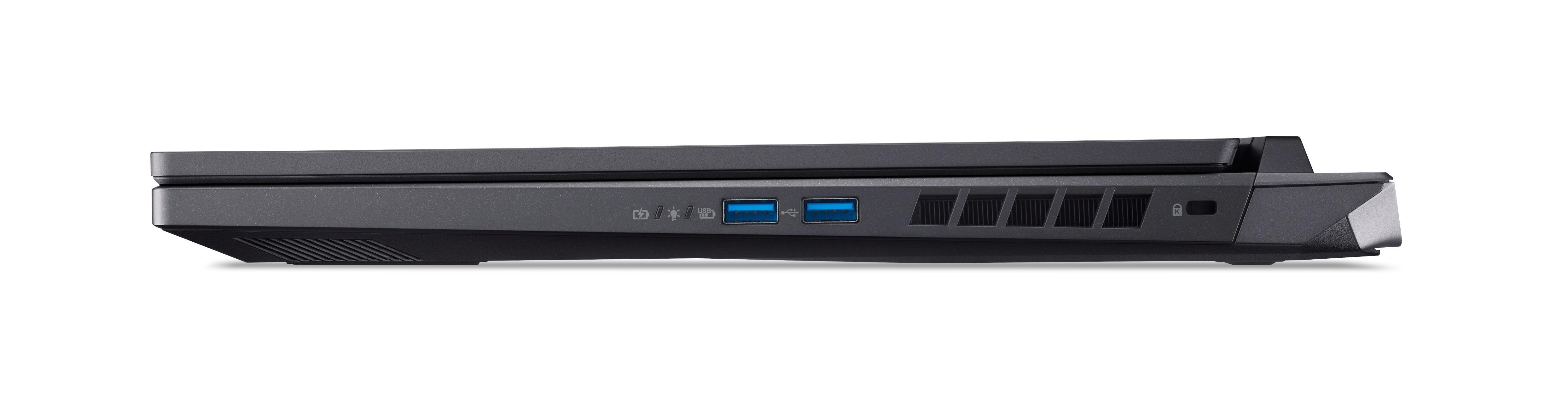Seitenansicht des Laptops. Mit Anschlüssen, Belüftung und einem schlanken, dunkelgrauen Design.