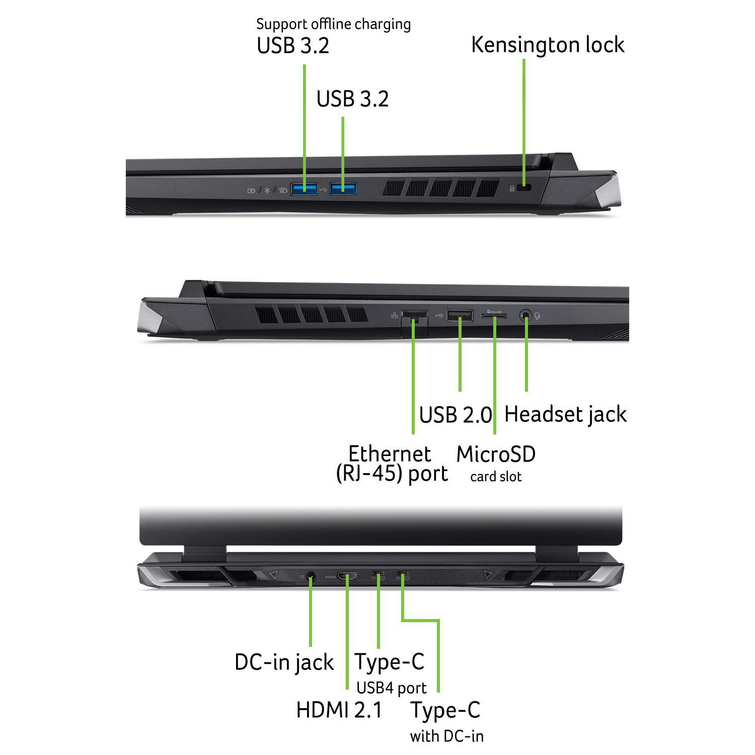 Laptop-Seitenansicht mit USB- und anderen Anschlussbezeichnungen. Weißer Hintergrund.
