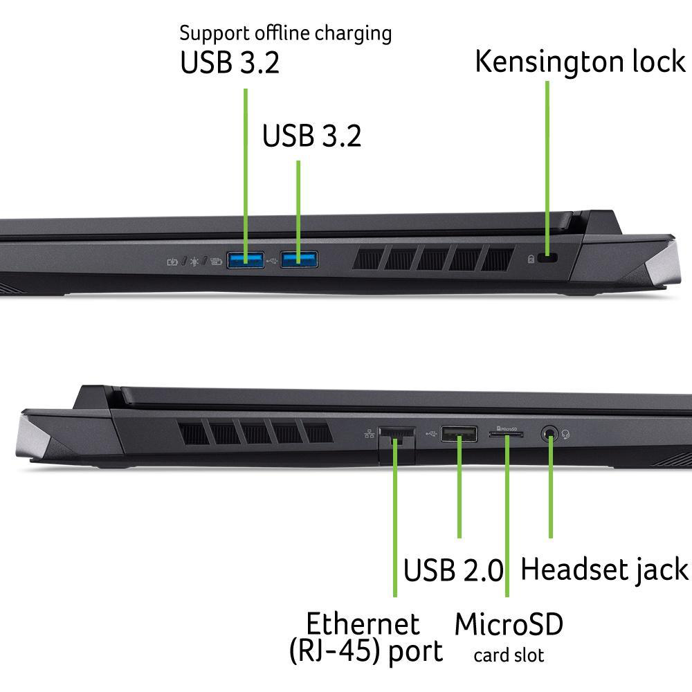 Laptop-Seitenansicht mit USB- und anderen Anschlussbezeichnungen. Weißer Hintergrund.