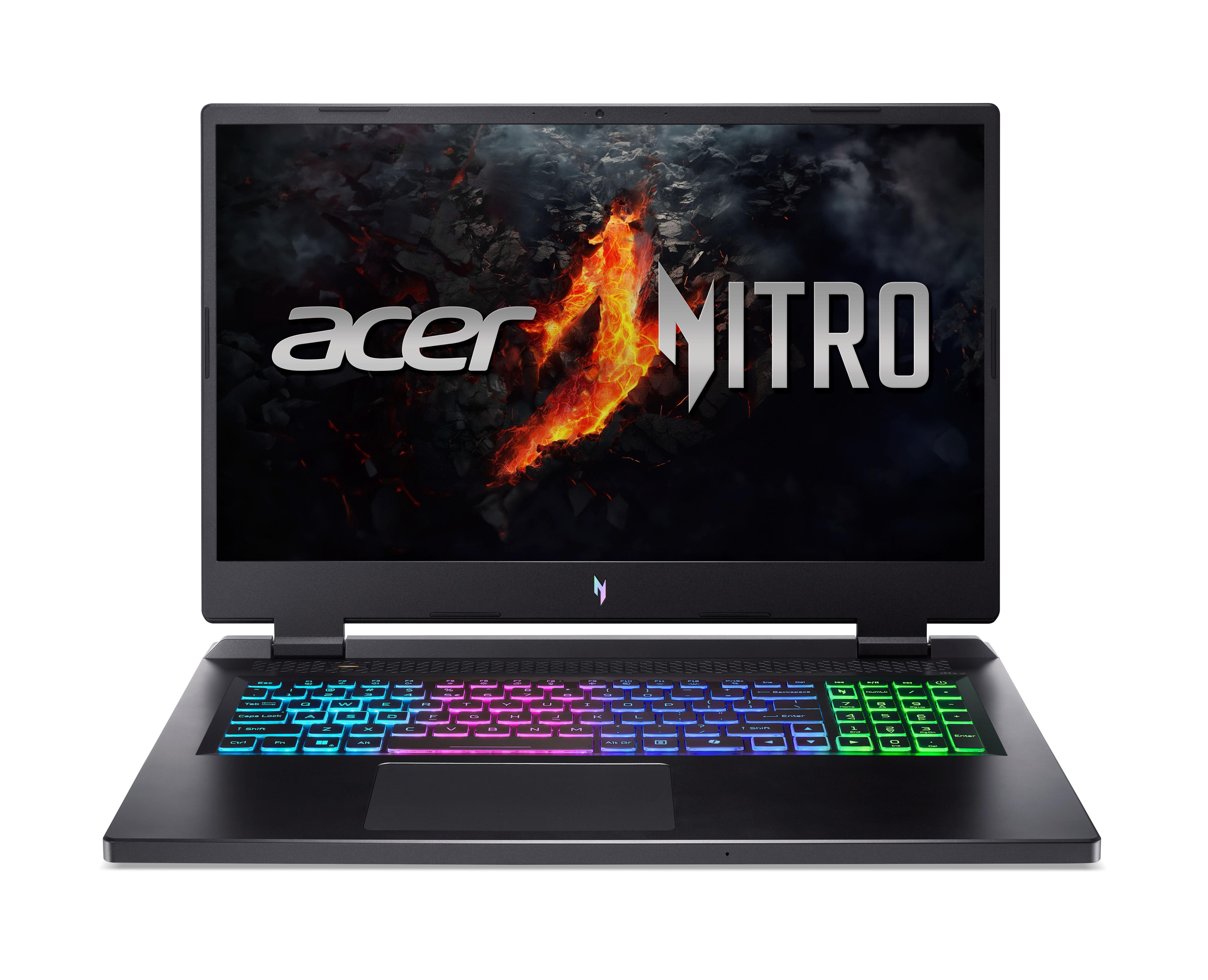 Acer Nitro Laptop, schwarz, offen, mit bunter Tastaturbeleuchtung und flammendem Display.