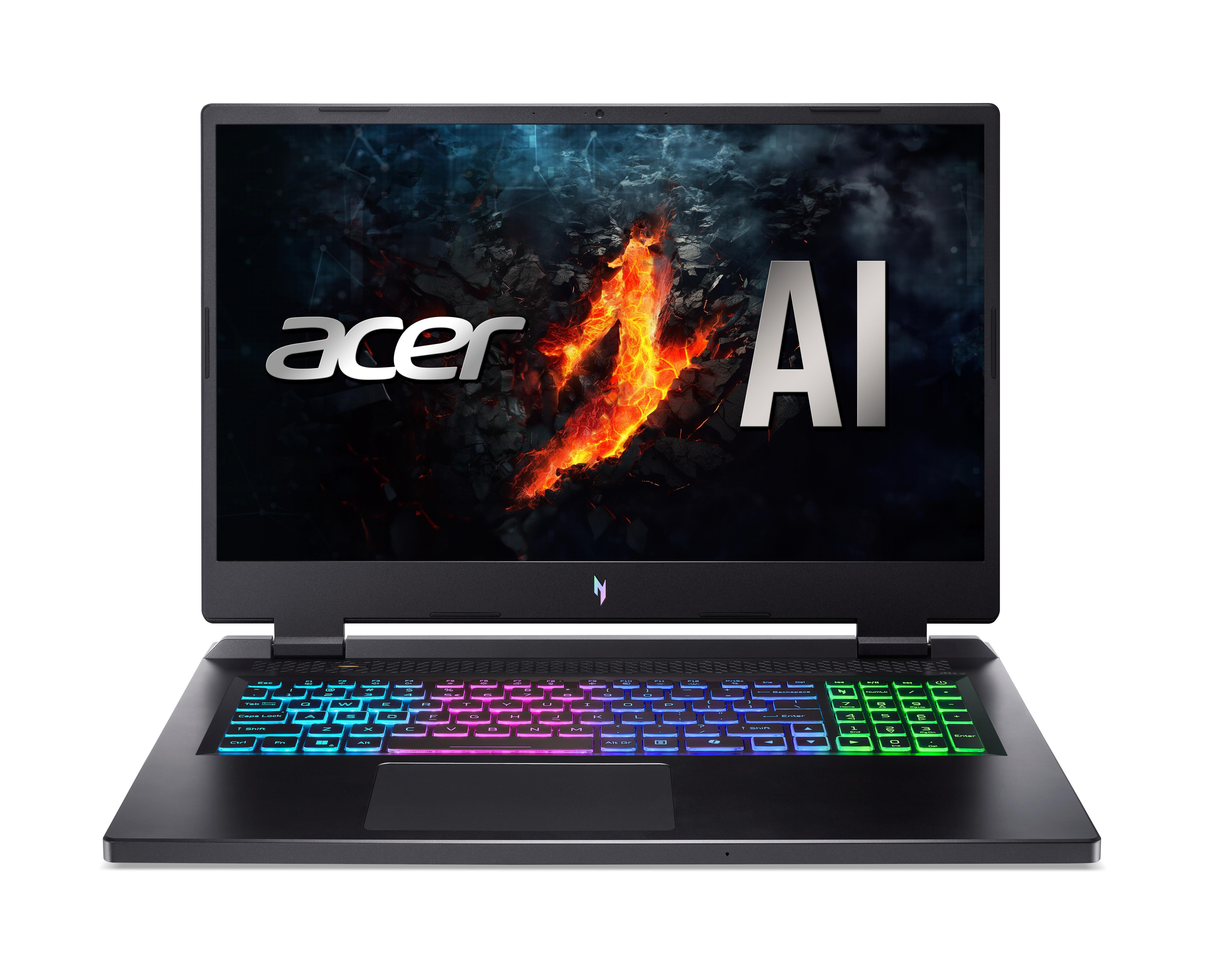 Schwarzer Laptop mit farbenfroher, beleuchteter Tastatur, Acer-Logo und 'AI' auf dem Bildschirm.