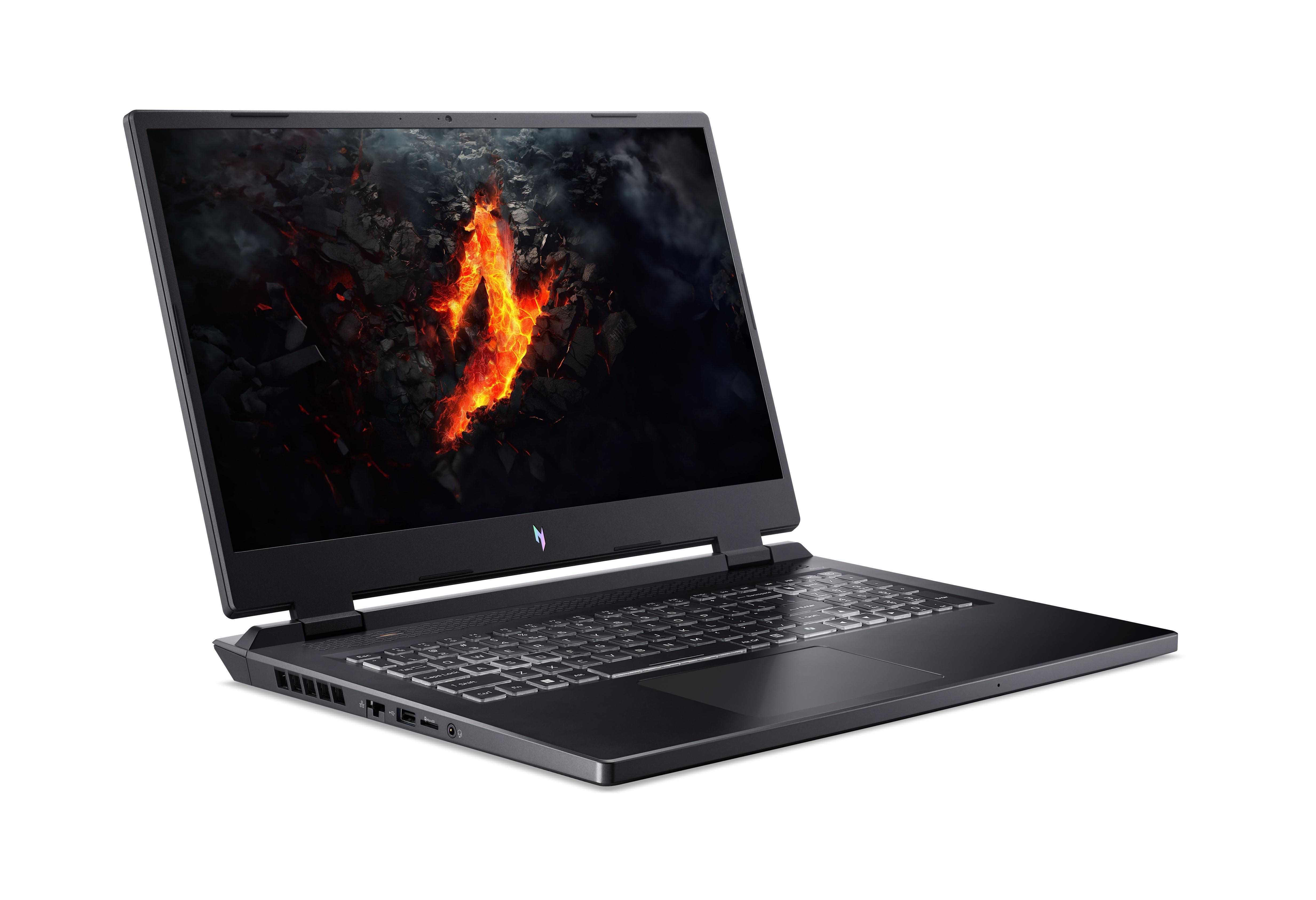 Ein geöffneter schwarzer Laptop mit einem Bildschirm, der Feuer zeigt. Die Tastatur ist sichtbar.