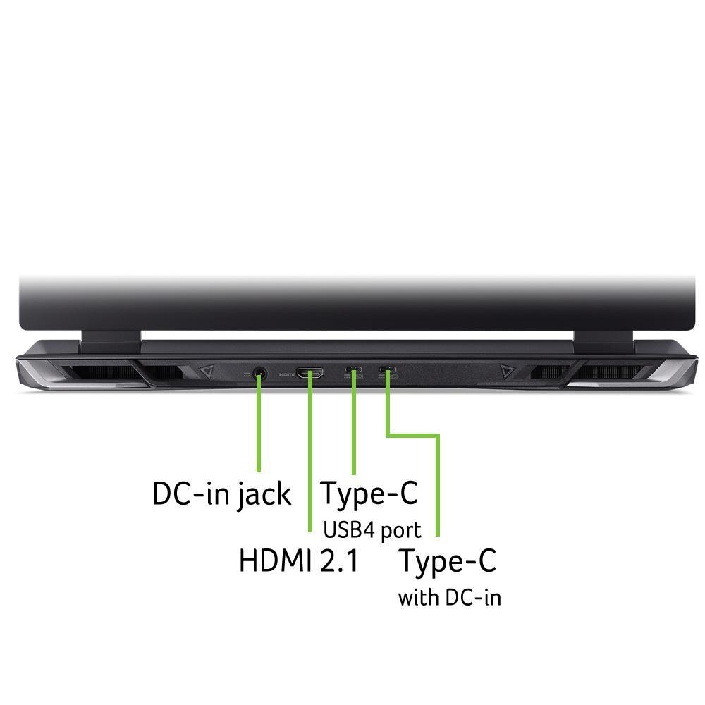 Nahaufnahme der Anschlüsse eines Laptops. Beschriftet mit DC-in-Buchse, HDMI 2.1, USB4-Anschluss, Typ-C.