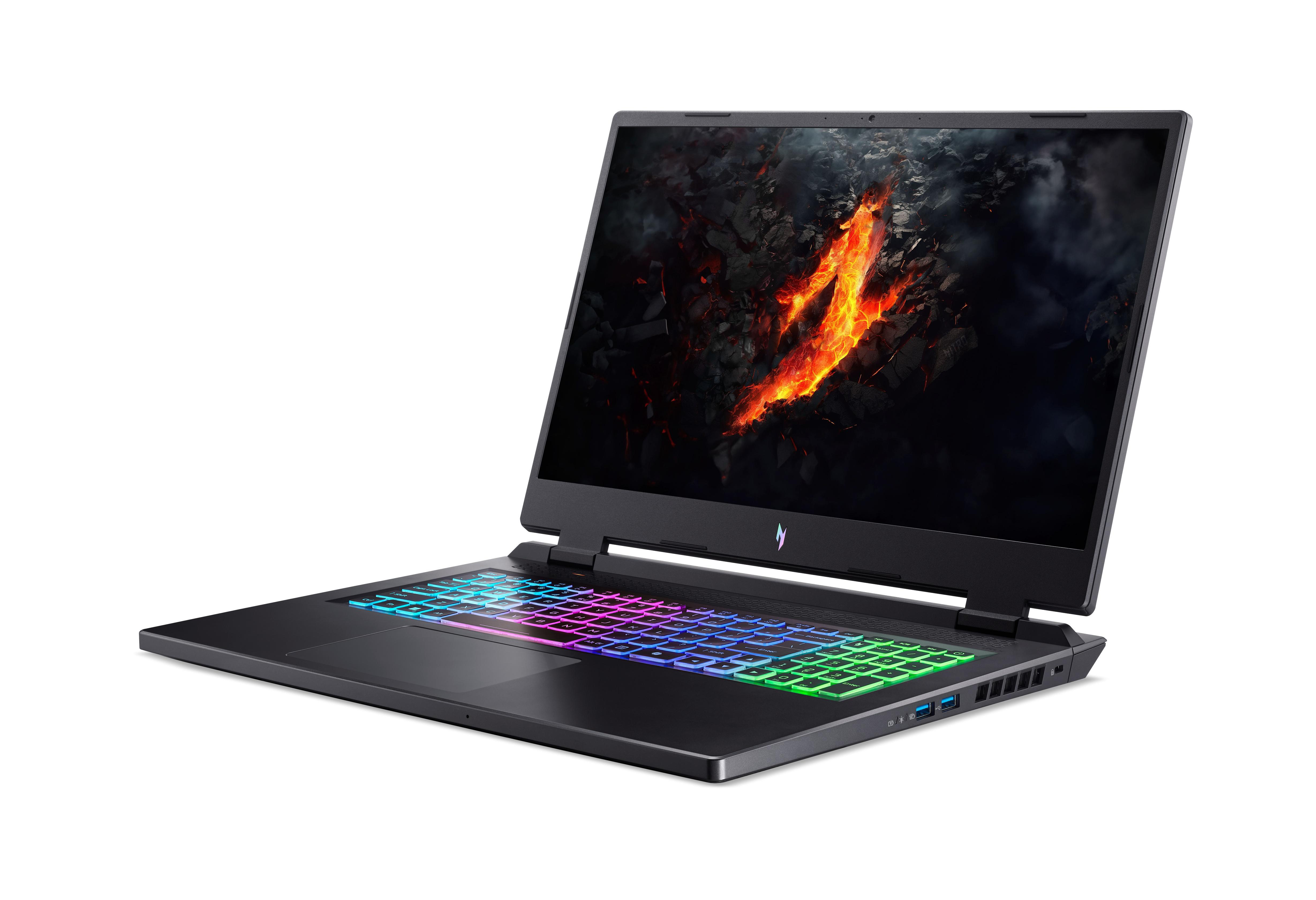Ein schwarzer Gaming-Laptop mit beleuchteter Tastatur.