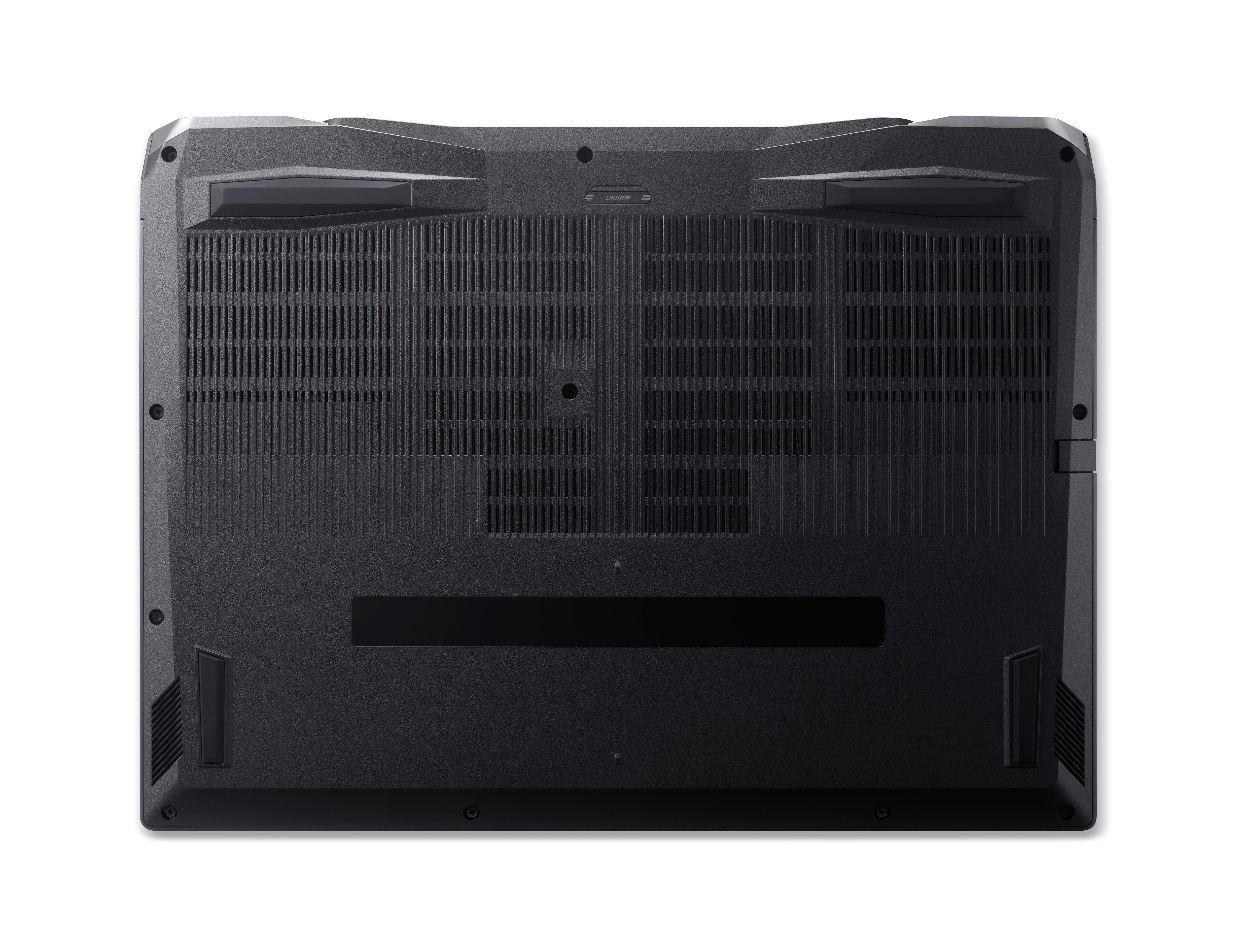 Die Unterseite eines schwarzen Laptops mit Lüftungsgittern und Füßen.