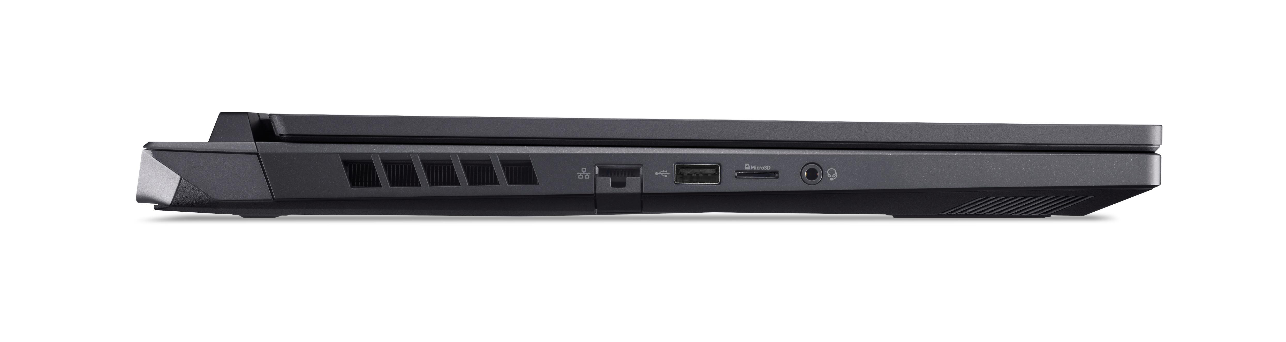Seitenprofil eines schwarzen Laptops mit Anschlüssen.