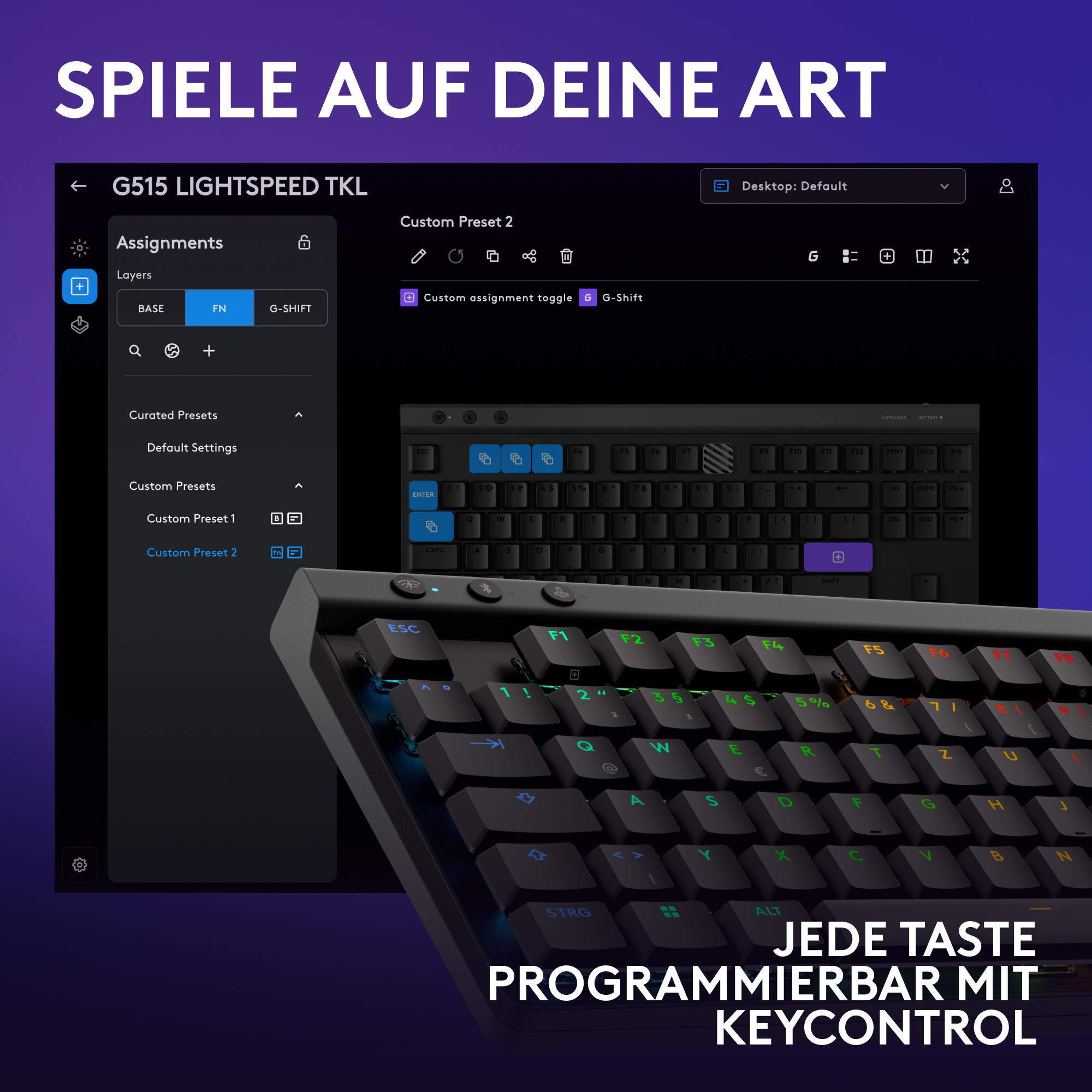 Eine Tastatur mit Anzeige, mit dem Text „Spiele auf deine Art“.
