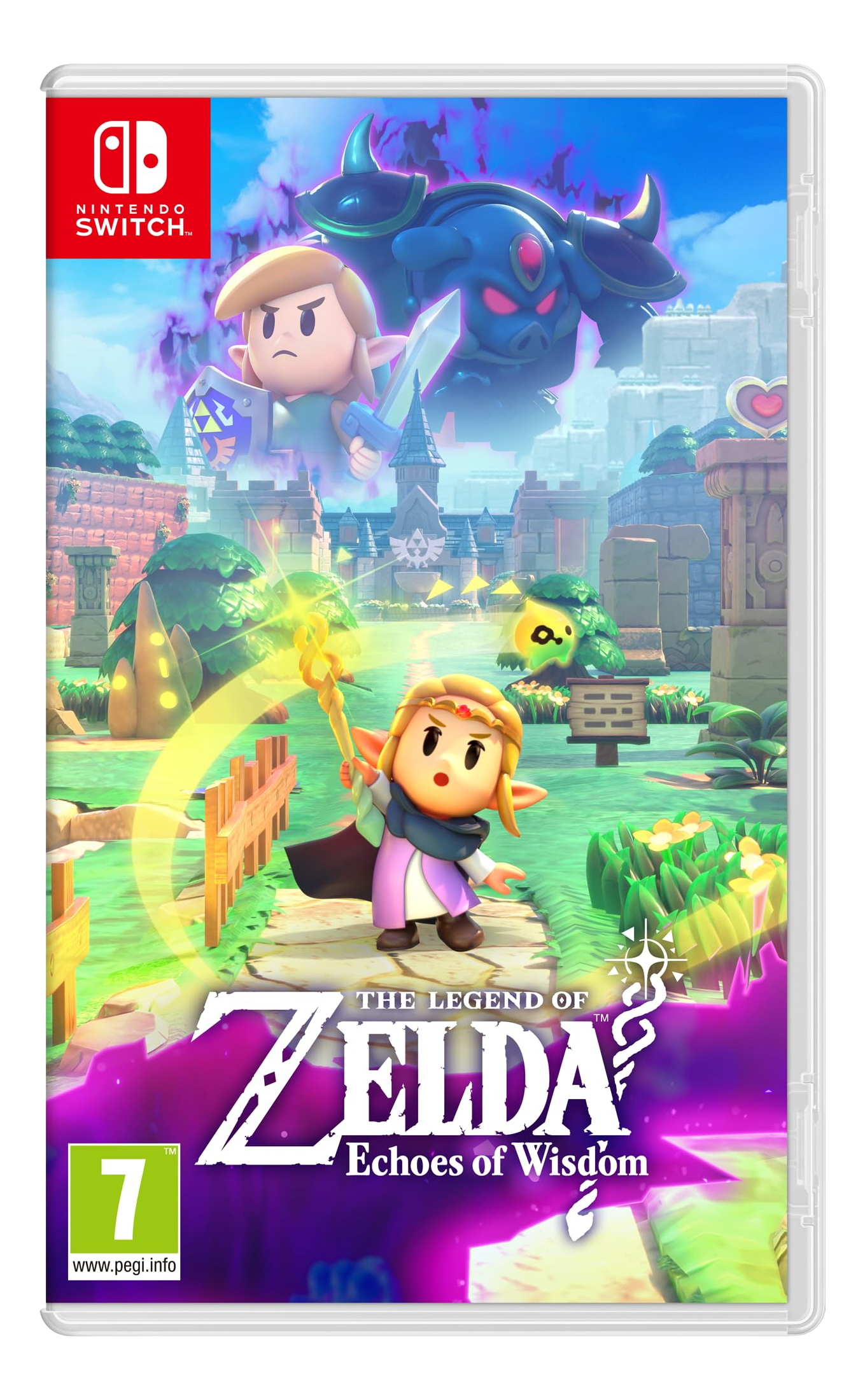 La scatola del gioco The Legend of Zelda: Echoes of Wisdom per Nintendo Switch. Presenta personaggi dei cartoni animati.