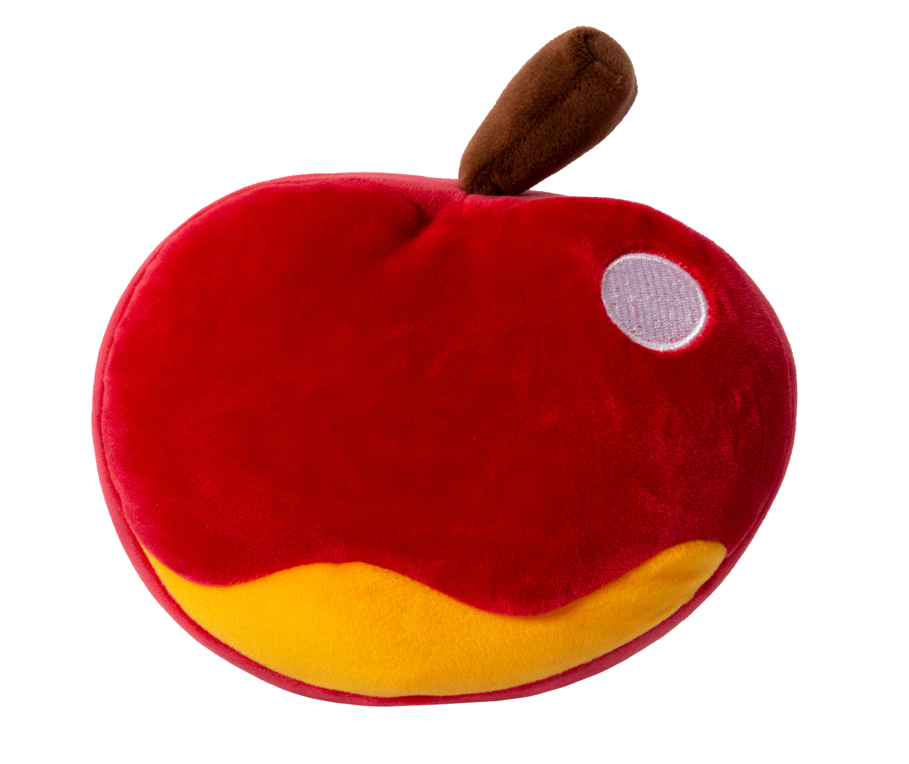 Ein rotes, apfelförmiges Plüschtier mit gelbem Boden und braunem Stiel.