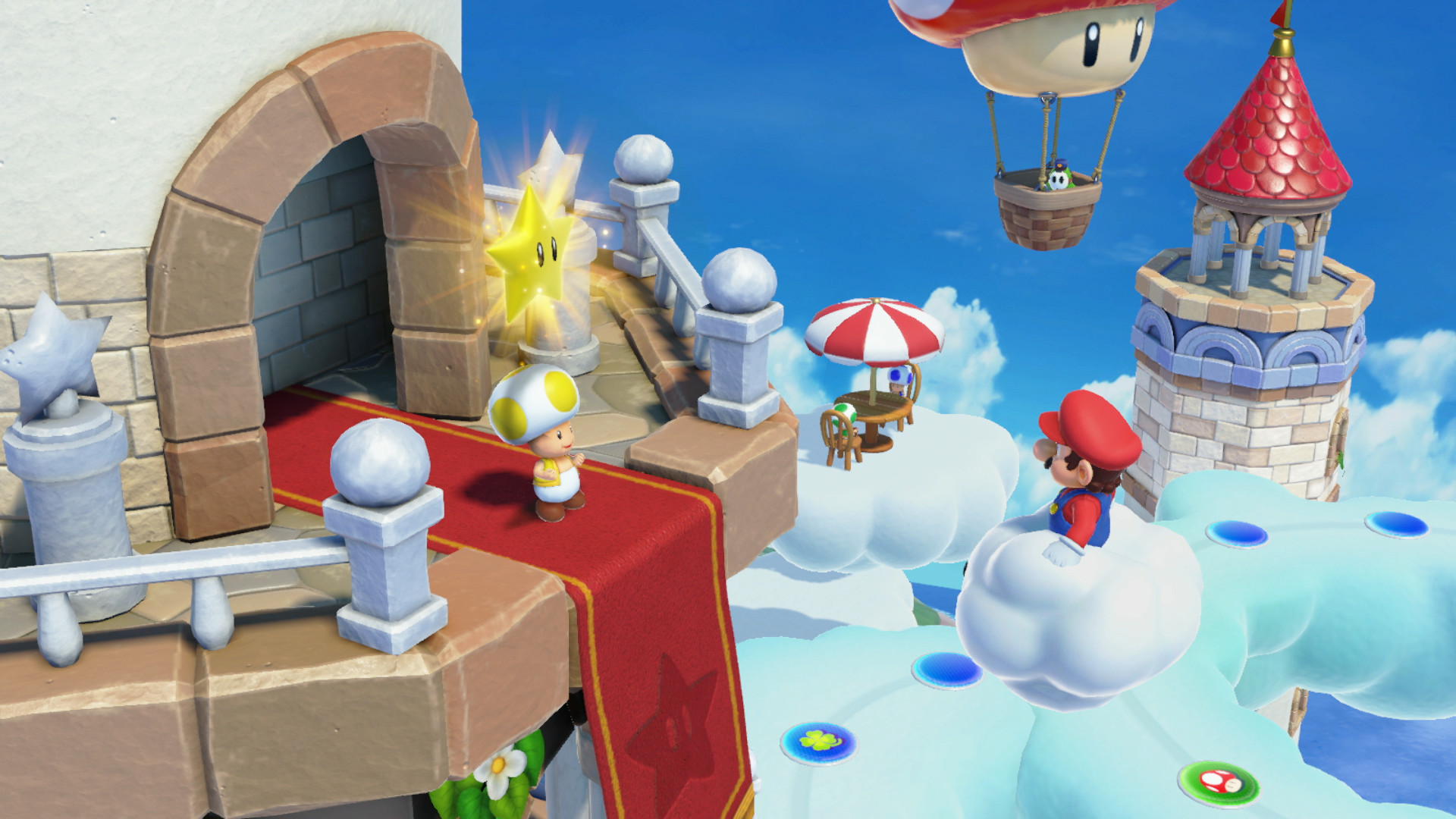 Mario e Toad su un ponte, con una stella e una piattaforma nuvola in una scena di gioco.