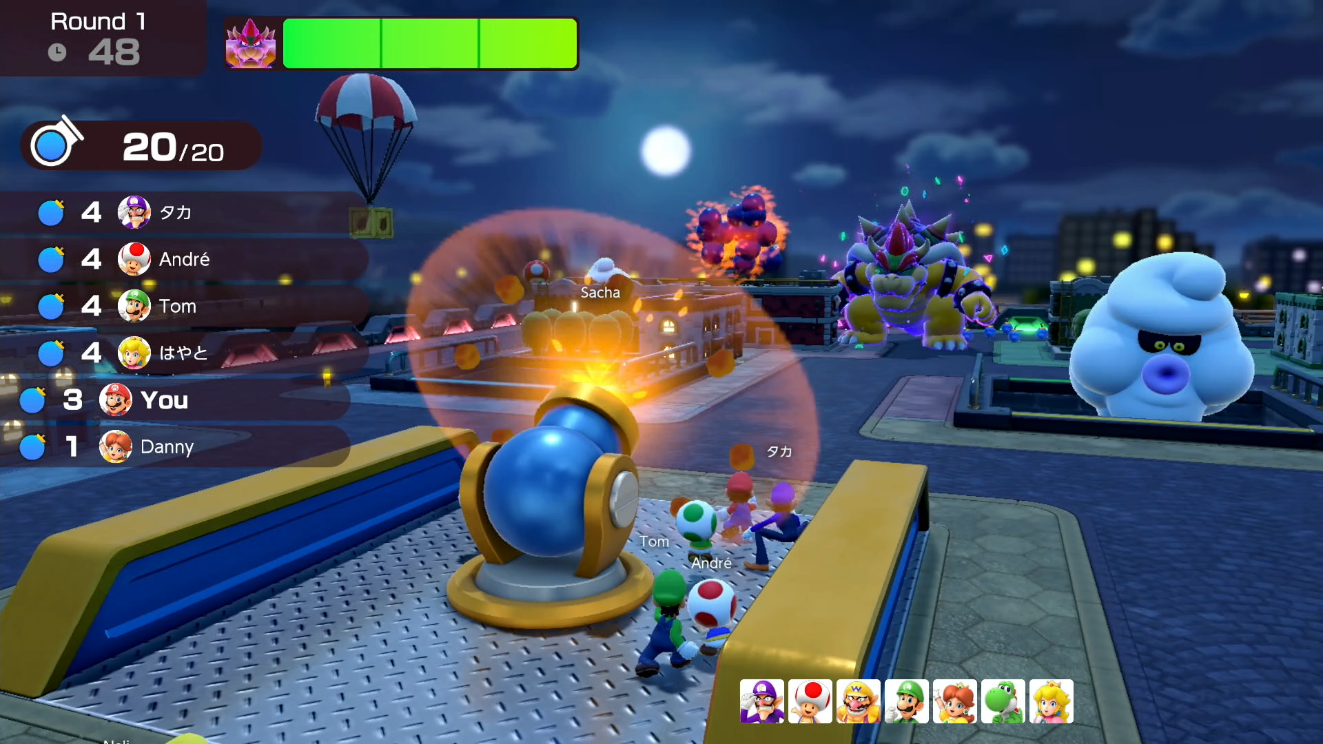 Scena di videogioco con personaggi, un cannone e uno sfondo di cielo notturno.