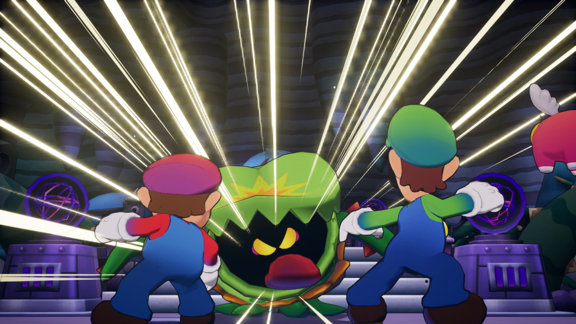 Mario e Luigi affrontano un mostro verde in una scena di videogioco illuminata.