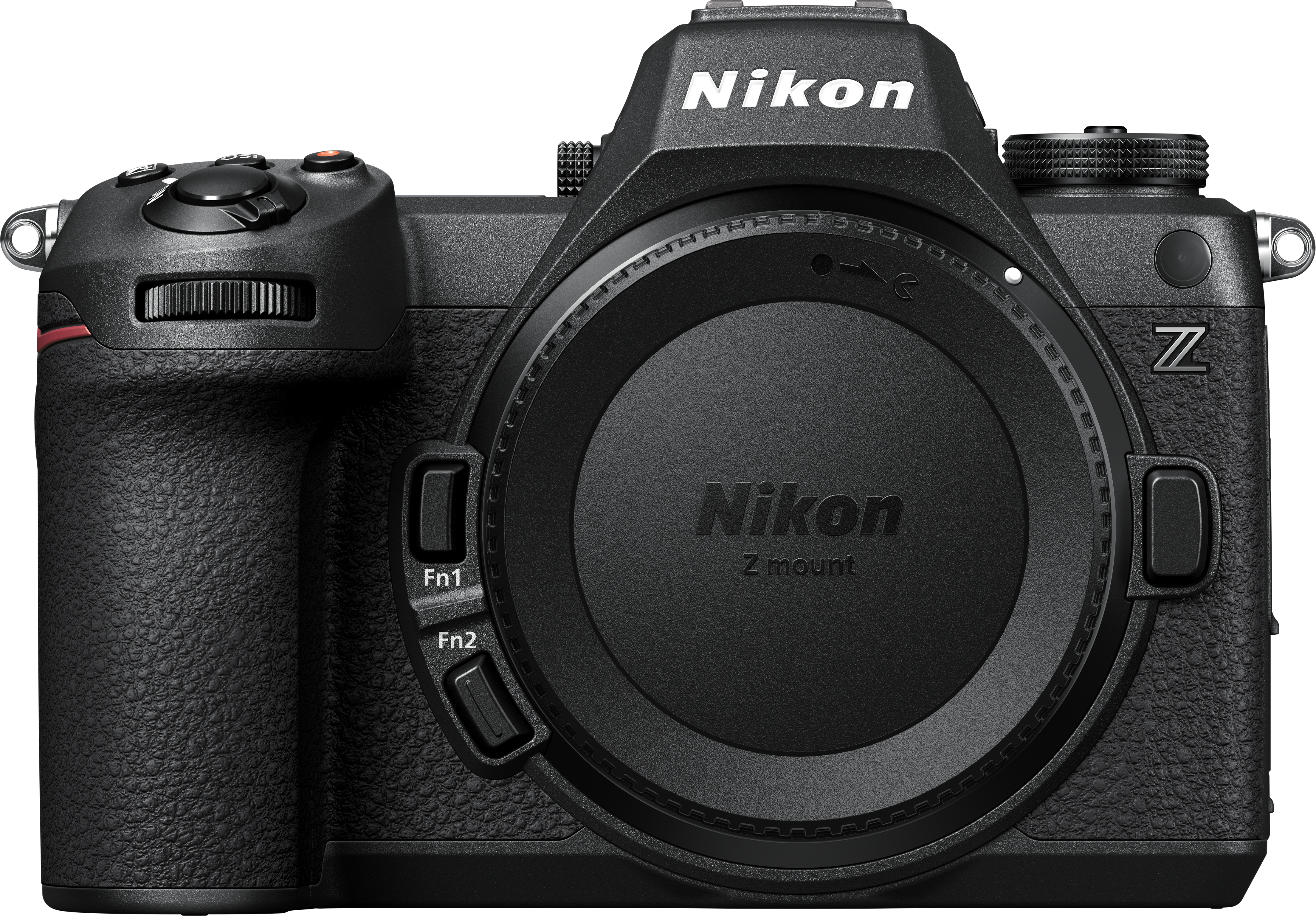 Fotocamera Nikon nera, vista frontale, con attacco obiettivo aperto.