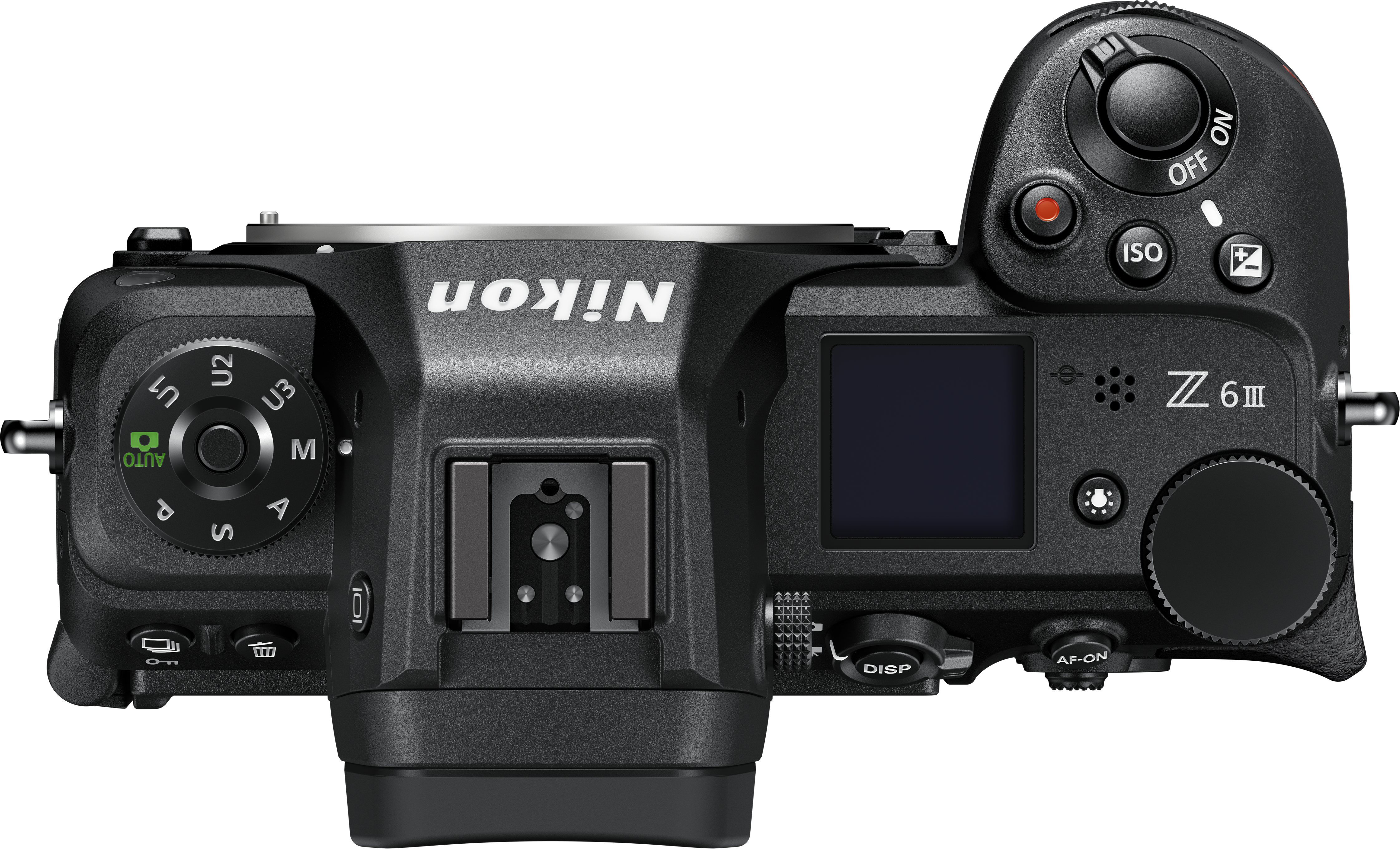 Vista dall'alto di una fotocamera Nikon Z 6II. La fotocamera ha un display, pulsanti e ghiere.