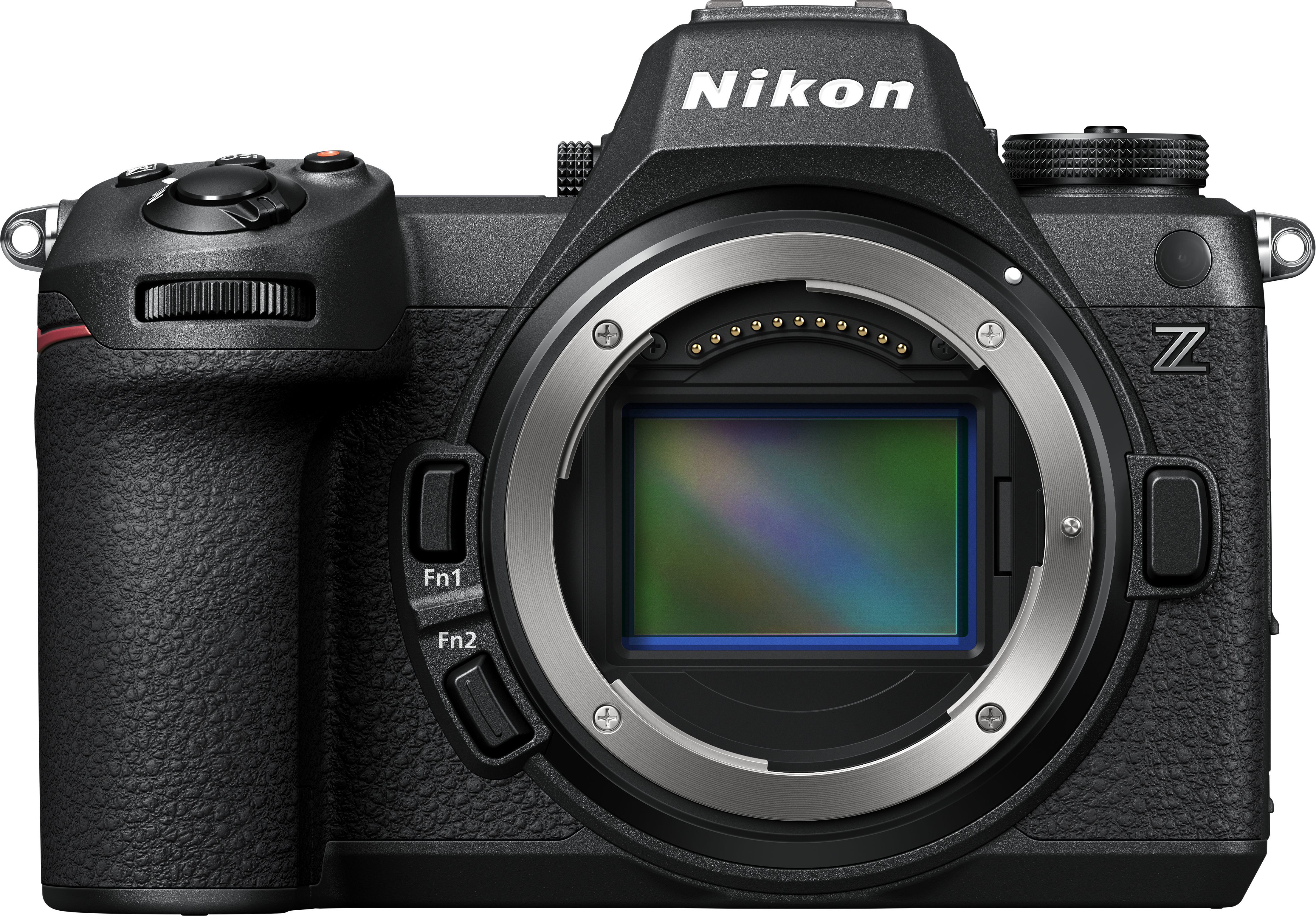Fotocamera Nikon serie Z. Corpo nero, con logo Nikon e attacco obiettivo visibili.